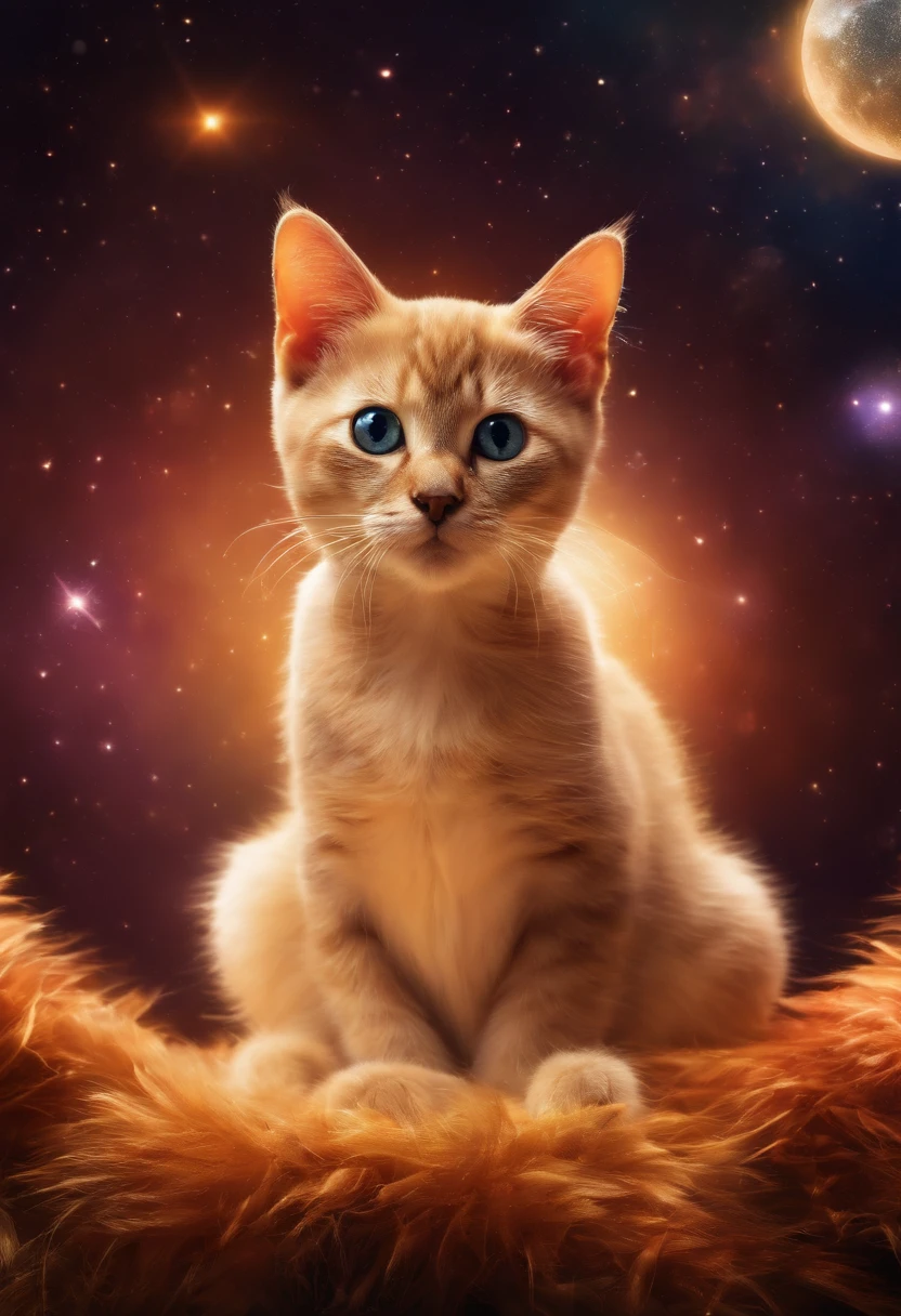 Cosmic cat, olhos claros brilhantes, Biomechanicals, estranho, assustador, tocando guitarra, cores muito brilhantes, light particles, com luz brilhante, Mshiff, Arte do papel de parede, Papel de parede UHD