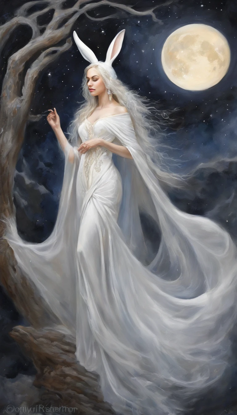 (best qualtiy,tmasterpiece), Beautiful teenage girl, Beautiful goddess, Sexy goddess, bunny ears,magestic, Robe, white crane, salama, The right hand, A long flowing dress, Slender legs Silver hair, By bangs, Detailed scenes, the night, starrysky, cold light, full moon, ((black in color: 1.4)), ((white colors: 1.1)), ((From below)), ((Orkni shooting))), ((Realistic))