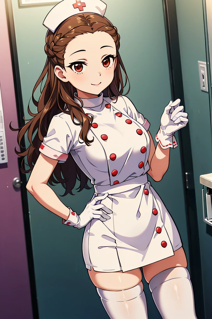 seki hiromi, long hair, brown hair, red eyes, wavy hair, forehead, solo, nurse, ((white nurse cap, white nurse's outfit)), ((white legwear, zettai ryouiki)), white gloves, smile, standing, hospital room, sharp outline, short sleeves, best quality, masterpiece