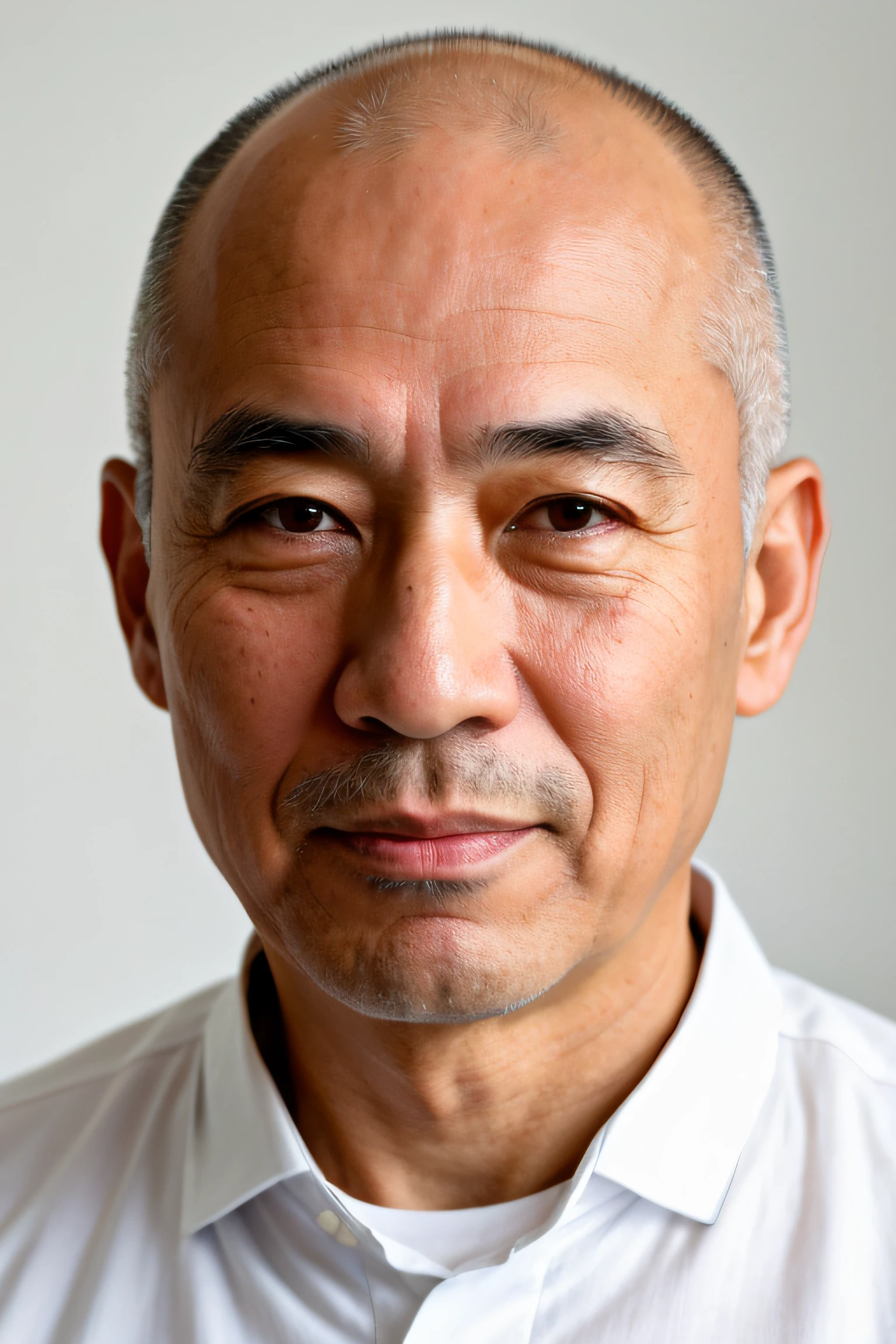 (best quality,highres,masterpiece:1.2),ultra-detailed,photorealistic:1.37,Japanese man,70 years old,looking into the camera,white background,bust shot,wearing a white shirt,bald head,portrait photography,serious expression,wrinkles,gray hair,facial details,eyebrows,large eyes,proud gaze,weathered skin,lighting from the side,gentle shadows,high contrast,crisp focus,professional composition,vivid colors