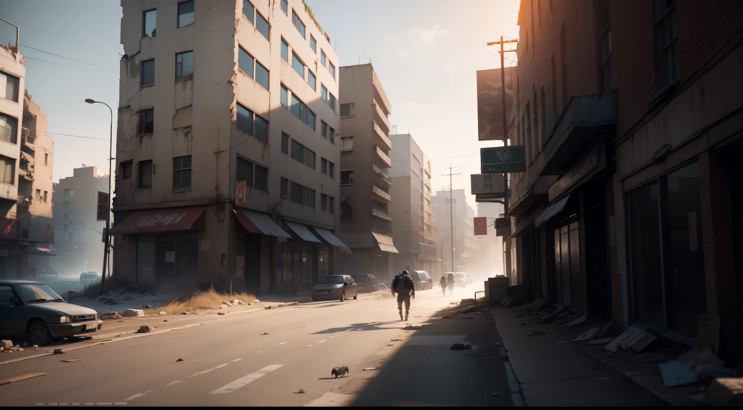super fine photo, landscape picture, Unreal Engine 5 8K UHD, ultra high resolution, game cinematic, zombie apocalypse, post-apocalypse environment, zombie walking on the street, abandoned city, morning background, best quality, masterpiece, 8K UHD wallpaper, super detailed.