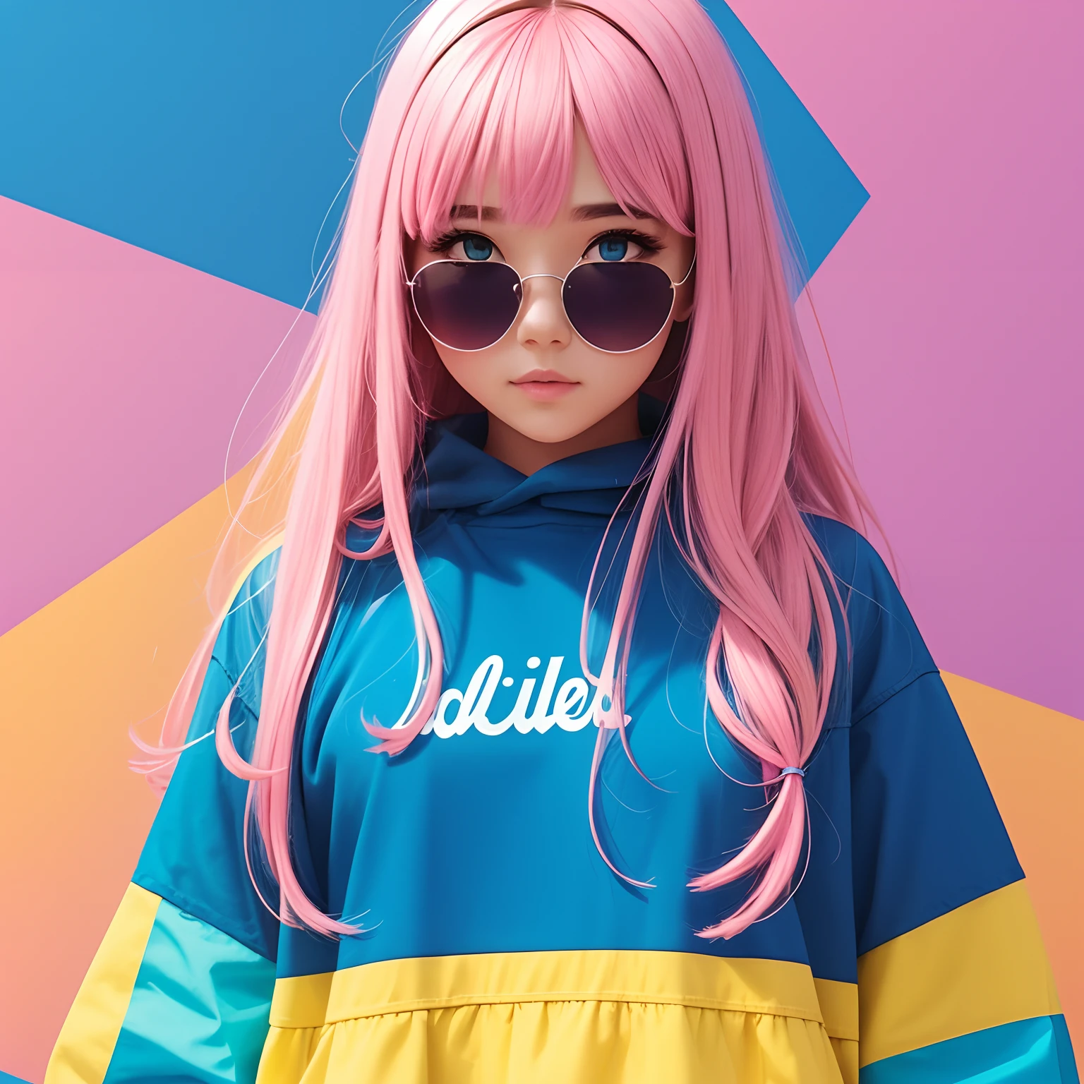 A realistic girl, wearing clothes shades of blue, pink, yellow in instagram style, background logo Instagram