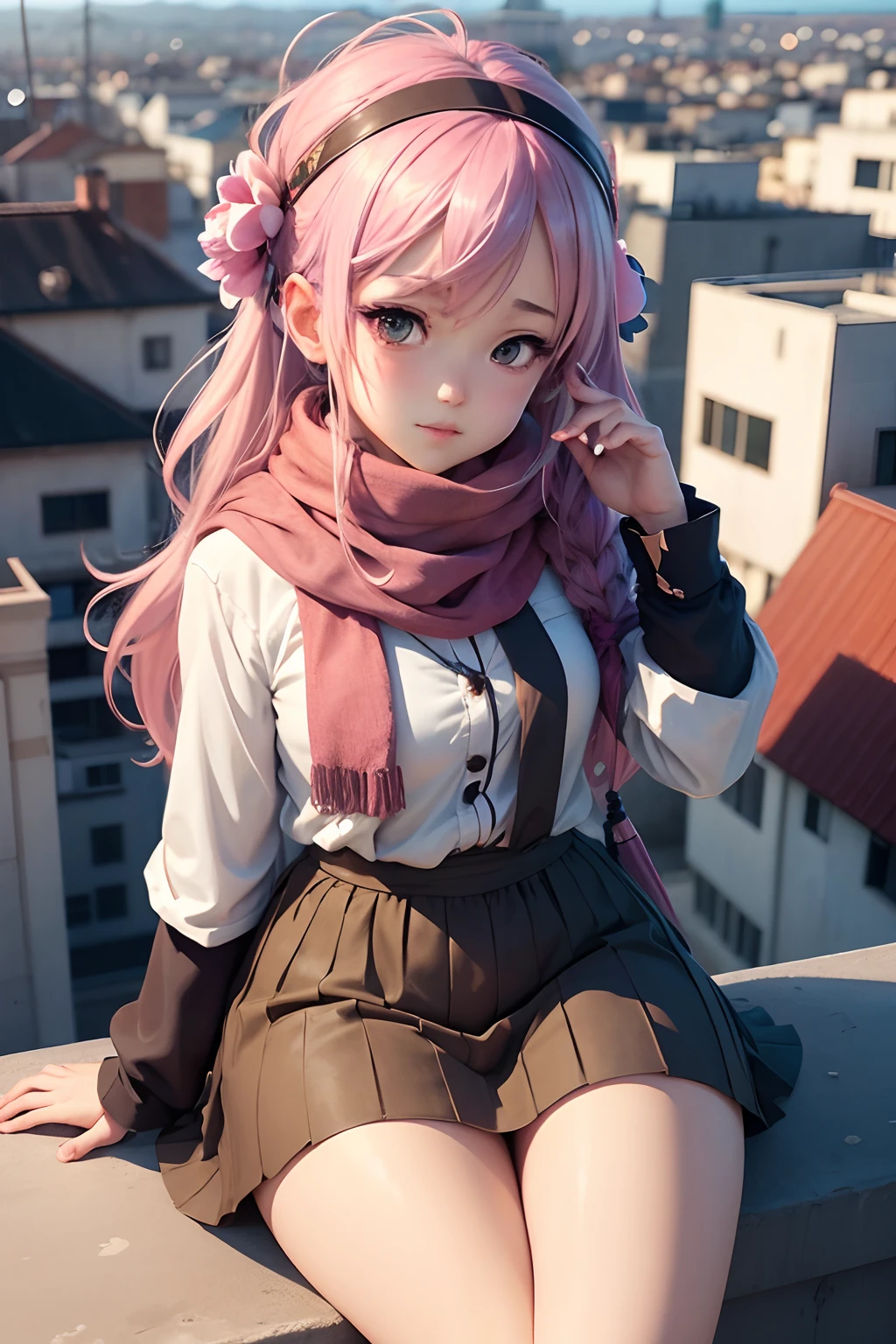 Anime girl sitting on rooftop,A scarf is worn on his head,A flower stuck in his hair, a beautiful anime portrait, Cute anime girl, Kawaii realistic portrait, Cute anime girl portrait, Beautiful anime girl, portrait of cute anime girl, pretty anime girl, anime visual of a cute girl, portrait anime girl, realistic anime artstyle, Anime style. 8K, Realistic young anime girl