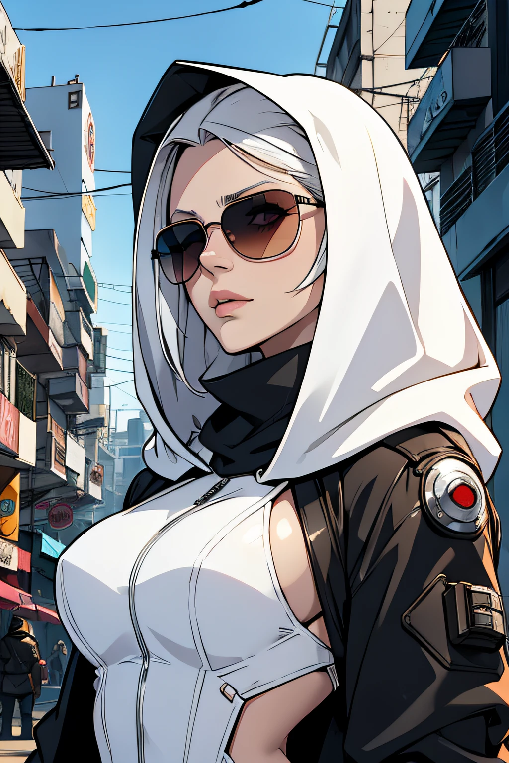 mulher white skin usando mascara branca, cabelos pretos, sunglasses, hood on head, se escondendo no beco, cidade cyberpunk