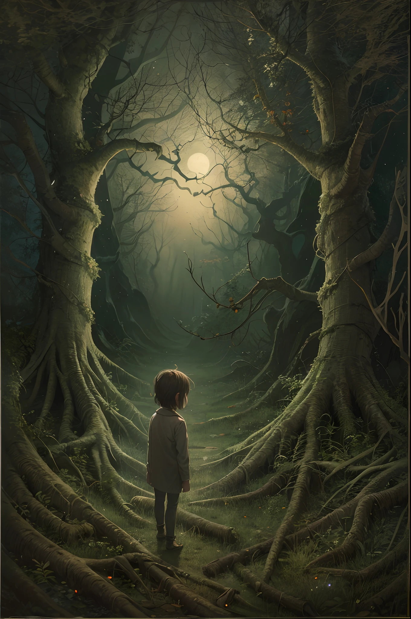 Amidst the eerie, moonlit forest, a forlorn scene unfolds. The towering trees, their branches gnarled and twisted, create a dense canopy that barely allows any moonlight to penetrate. At the center of the painting, a young , no more than eightnds alone in the heart of this foreboding woodland.

The child is dressed in simple, ragged clothing, clearly ill-suited for the sinister surroundings. In one hand, they clasp a crude, hand-carved wooden figurine, a cherished keepsake from their parents, the foresters who once roamed these woods. In the other hand, they tightly grip a dimly flickering lantern, which casts long, wavering shadows around them.

The child's face is a portrait of sadness and confusion, their eyes wide with fear and vulnerability. Strands of disheveled hair fall across their forehead, and dirt smudges mark their tear-stained cheeks. Behind the child, two dark, shadowy forms that bear an uncanny resemblance to their parents' silhouettes seem to loom menacingly.
 
The forest itself feels like an oppressive presence in this painting, with its tangled underbrush and twisted, contorted trees that seem to whisper secrets of the past. The moonlight barely illuminates the path ahead, leaving much of the surroundings shrouded in darkness and mystery.
 
The painting captures a poignant moment of loss and solitude, as the child, orphaned and , navigates this eerie, spectral forest. The viewer is left to ponder the fate of the forester parents and the uncertain future that awaits the young protagonist in this haunting and melancholic setting.