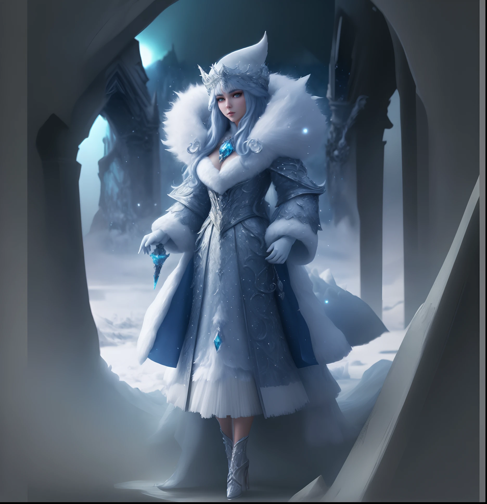 ull body standing）, full body shot 、fluffy costumes,、She wears a white fluffy costume,A queen with a beautiful winter face in the bitter cold、 a fluffy hat, an ice world, and an ice pendant.、night elf warden world of warcraft character portrait, ultra realistic, wide angle, intricate details, blade runner artifacts, highly detailed by peter mohrbacher, boris vallejo, hajime sorayama aaron horkey, gaston bussiere, craig mullins octane render, volumetric lights, full body,extremely detailed illustration of gorgeous woman wearing haute couture, (Kendall Jenner lookalike) stylish, backlit, highly illuminated, colorful crystal, awesome hair, closeup, visually rich, raytraced, manga, whimsical, JRPG, enchanting, emotionally evocative, detailed environment