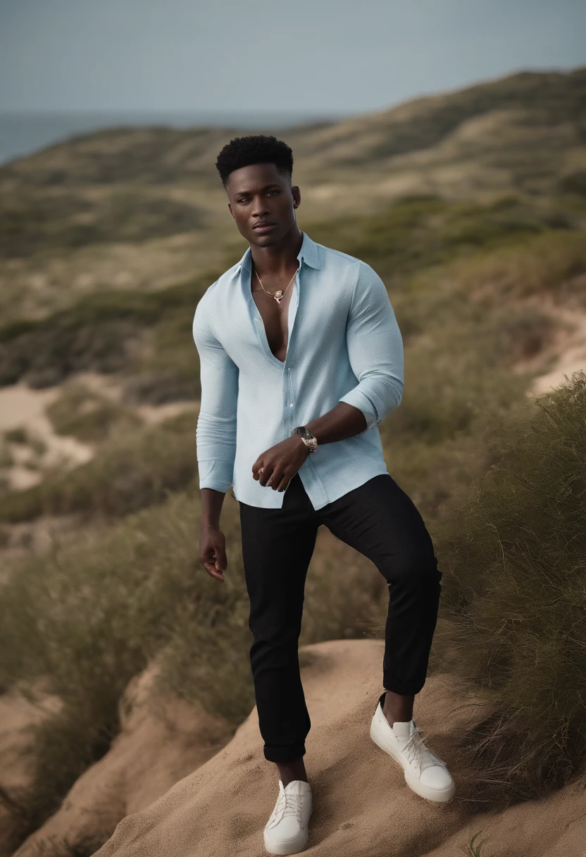 surrealistic、top-quality、 超A high resolution、Nikon Z 85mm、natural soft light、profetional lighting、realisitic、Super live-action、Photorealsitic、full bodyesbian、African American man with pale blue eyes and short black hair,、a black T-shirt、denim、Cross Necklace、the beach、Along the coast、夏天、