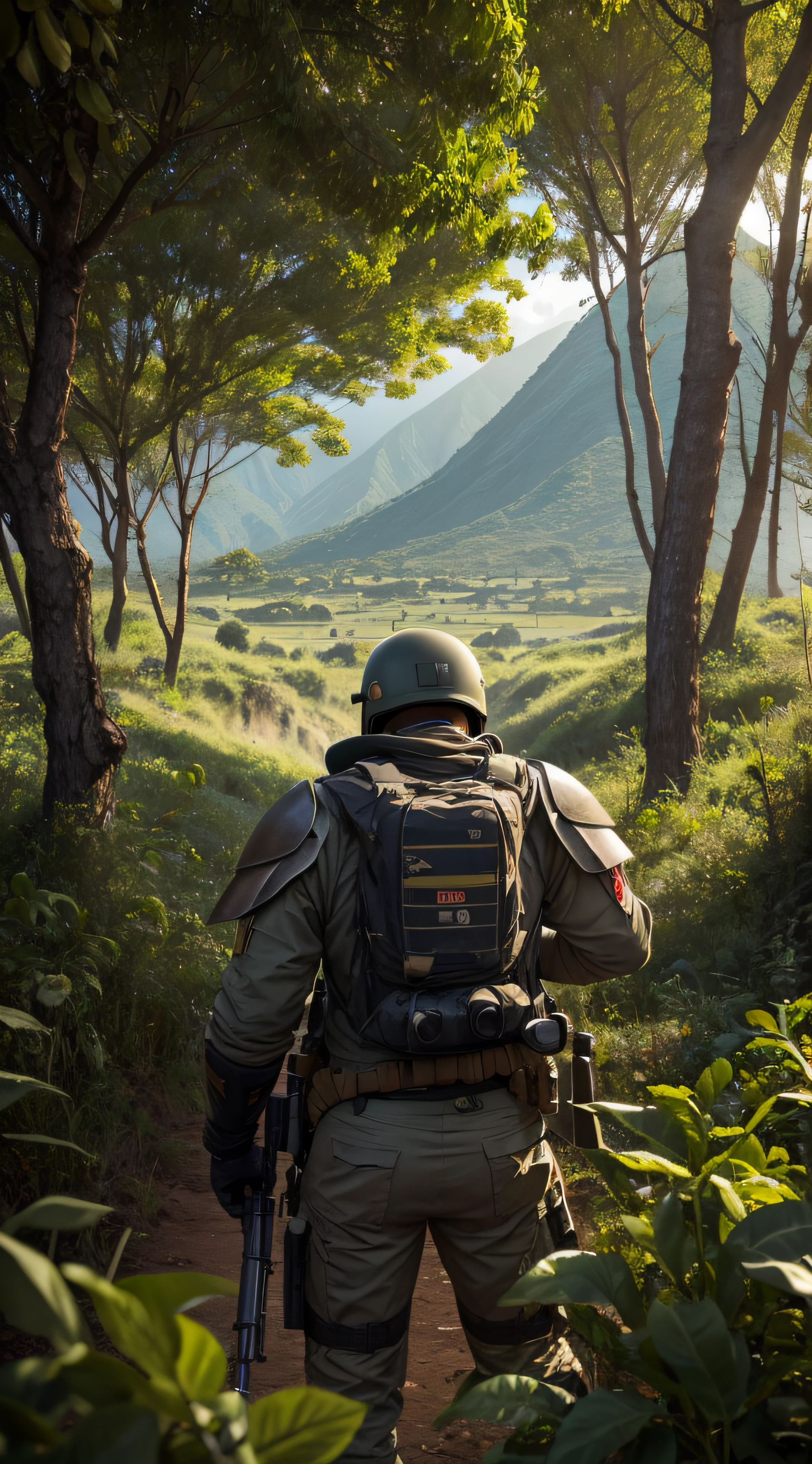 (extremadamente detallado, obra maestra, La mejor calidad, foto antigua, principios de siglo, VHS Aesthetics) Soldado con una astronauta heavy armor. Armas grandes, cannons on his back. motosierras. pieles de animales. In the middle of a strange jungle. Vegetables from another dimension. Epic flowers far away, organic trees with meat. Luz noche.