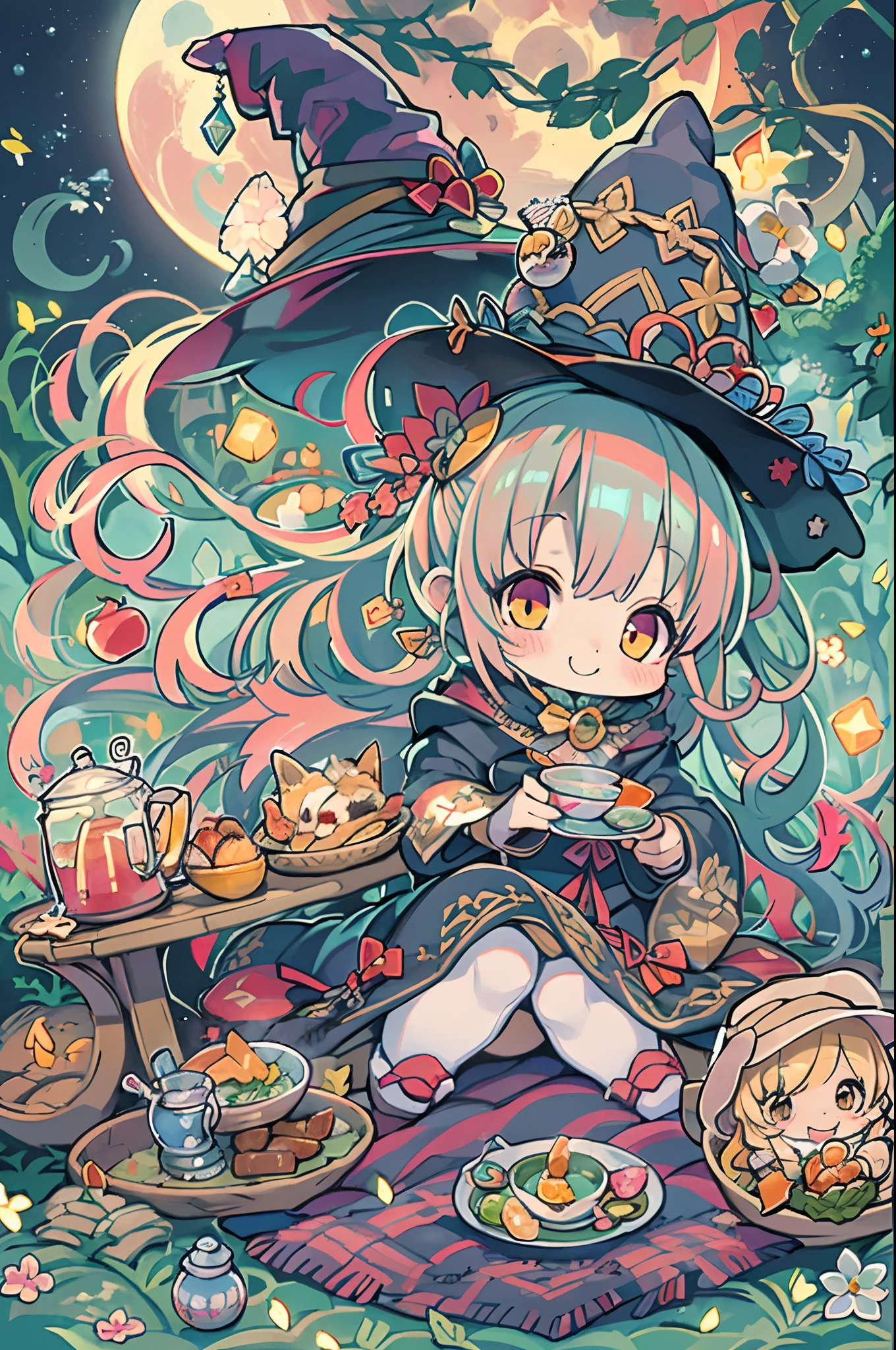 masutepiece, Best Quality, Chibi, Wizard Tea Party, the witch, beautiful witch, Happy, Vibrant, Colorful,Big Full Moon