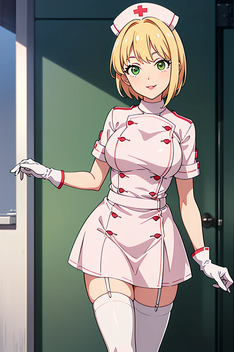 hmfre, blonde hair, short hair, green eyes, solo, nurse, ((white nurse cap, white nurse's outfit)), ((white legwear, zettai ryouiki)), white gloves, smile, pink lips, standing, hospital room, sharp outline, short sleeves, best quality, masterpiece