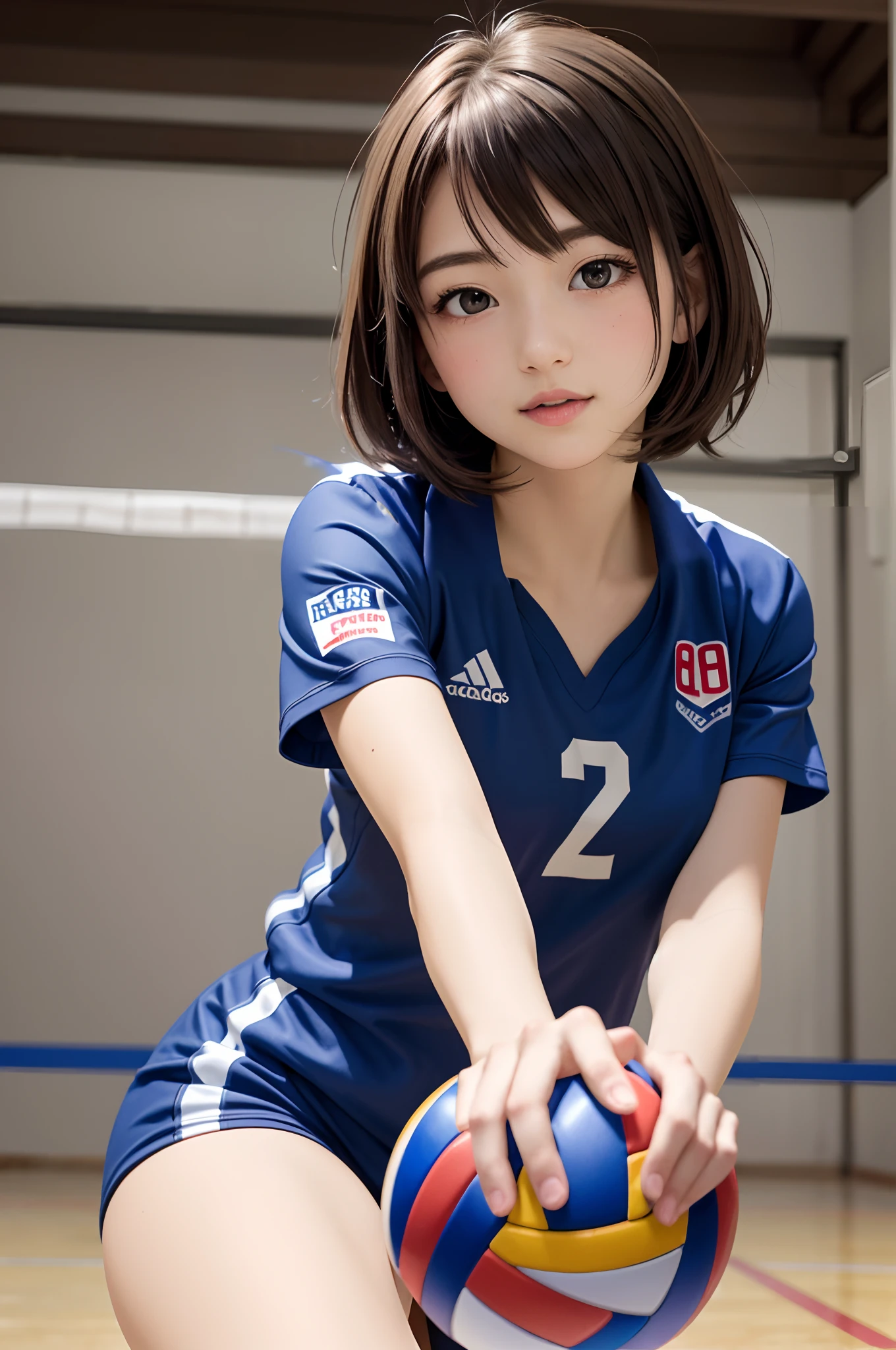 in 8K,top-quality,Real Image,intricate detailes,超A high resolution,Depth Field,masuter piece,natural soft light,profetional lighting,1 girl in,(cute little:1.2),Very beautiful 17 year old cartoon girl, photorealistic anime girl render, realistic anime 3 d style,A detailed eye,((Brown-eyed)),(Brown hair), extra very short hair, a pixie cut,((perfect anatomia,nice hand,perfect hand,Five fingers connected to the palm of the hand,accurate hands without incongruity)),Perfect raw legs,delicate legs,perfectly proportions,((Red volleyball uniform without sleeves)),(Bloomer),(Gymnasium),(Volleyball game)