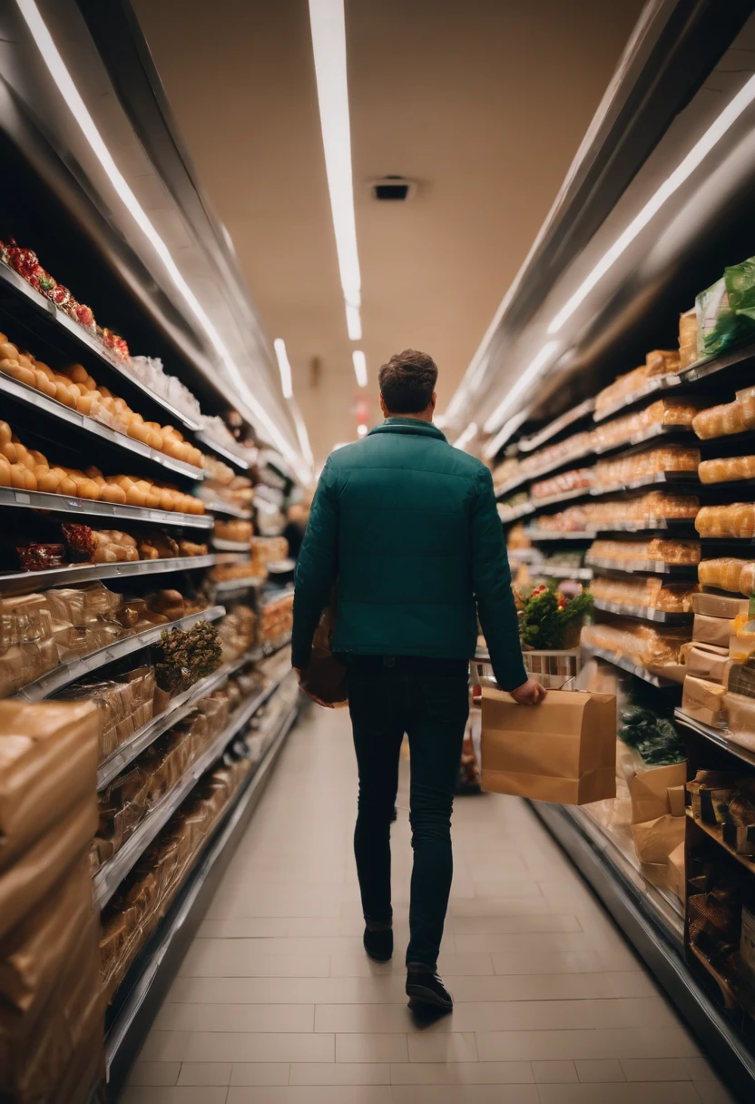 man standing, customer shopping ((with his back to the camera)), full body, with shopping packages and packages in his hands - 4k