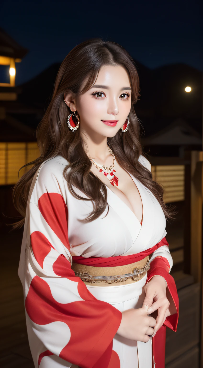 ((Tanned Gal))、((Tanned Gal))、((Highest quality、8k、masterpiece))、Sharp focus:1.2、Small fox ears、Cute 17 year old girl with perfect figure:1.4、Slim Abs:1.2、((Dark brown hair))、street:1.2、Highly detailed face and skin texture、fine grain、(The chest is exposed)、double eyelid、shoulder、Close-up of a woman in a kimono posing for a photo、Japanの女神、Japan人モデル、white、((Small breasts))、((Shrine maiden costume))、Japan、Drawing attractive anime girls、Cleavage