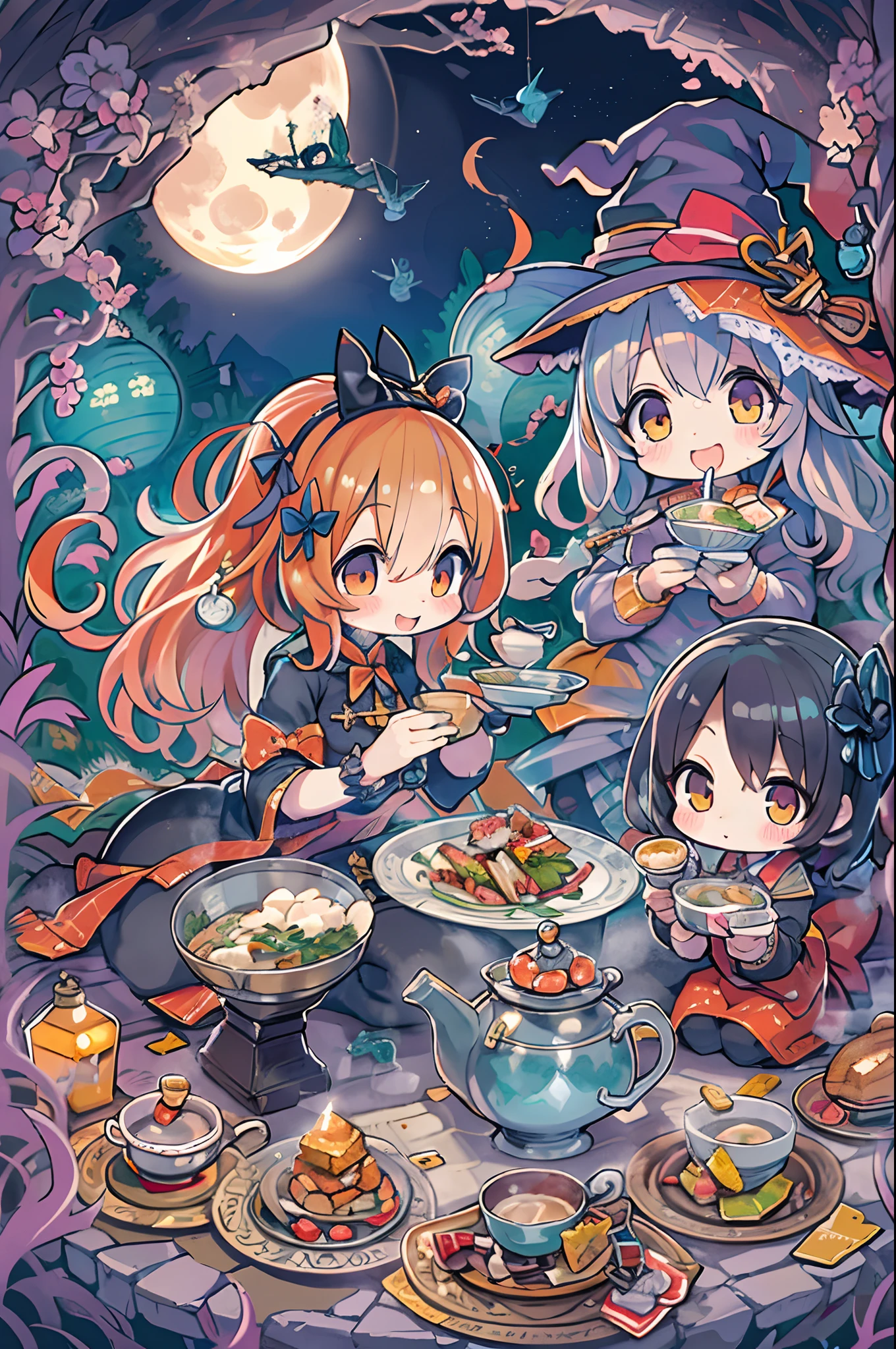 masutepiece, Best Quality, Chibi, Wizard Tea Party, the witch, beautiful witch, Happy, Vibrant, Colorful,(((Big Full Moon)))、Under the full moon