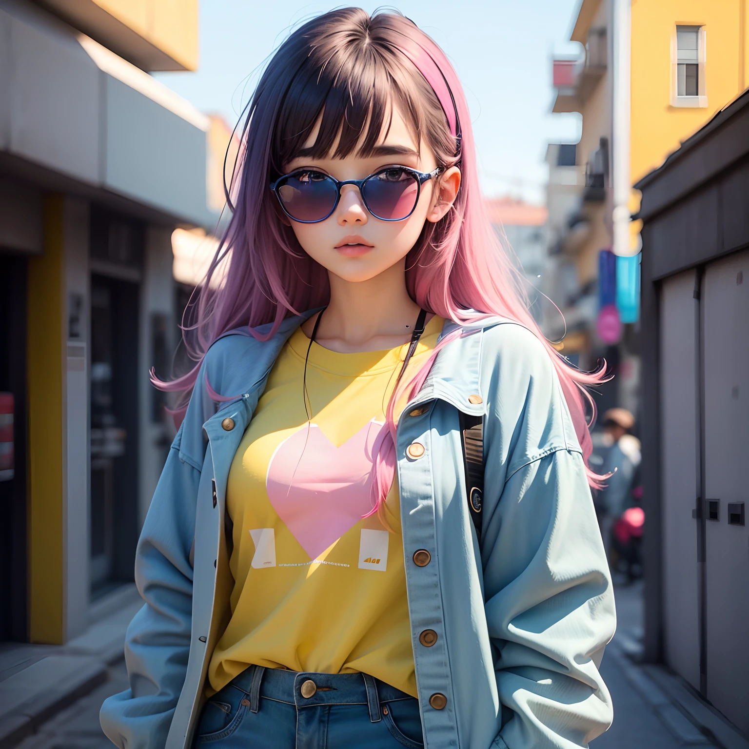 A realistic girl, wearing clothes shades of blue, pink, yellow in instagram style, background logo Instagram