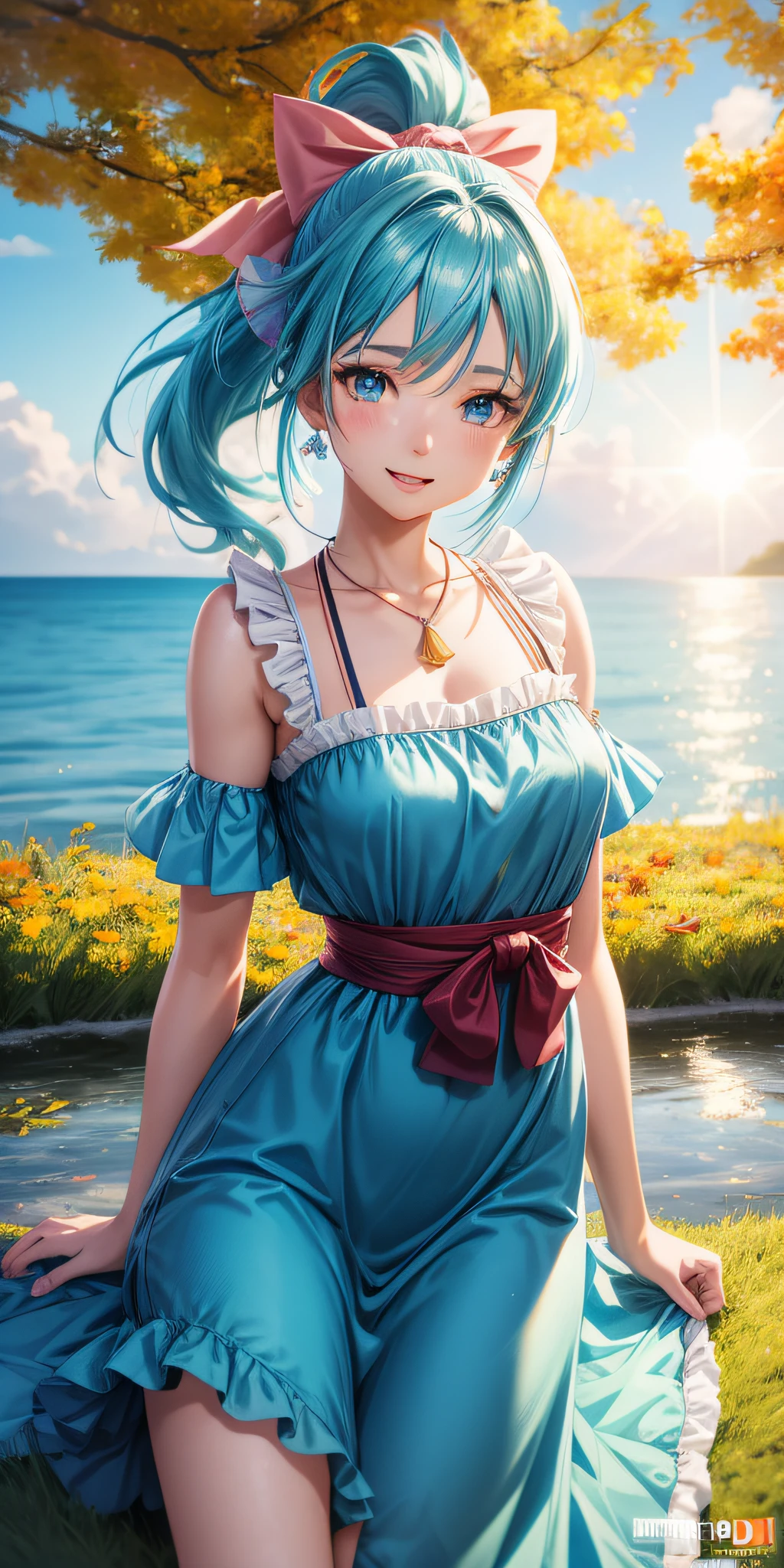 young anime girl, blue hair, ponytail, aqua eyes, orange frilly dress, bow, diamond necklace, earrings, lying on back, slender petite, happy expression, autumn sky, clouds, sun, windy, leaves, ultra detailed, (8k,UHD),(8k resolution), high resolution, smooth focus, vivid, vibrant, elaborate, inspired by Aokamei, Octane Render 3D