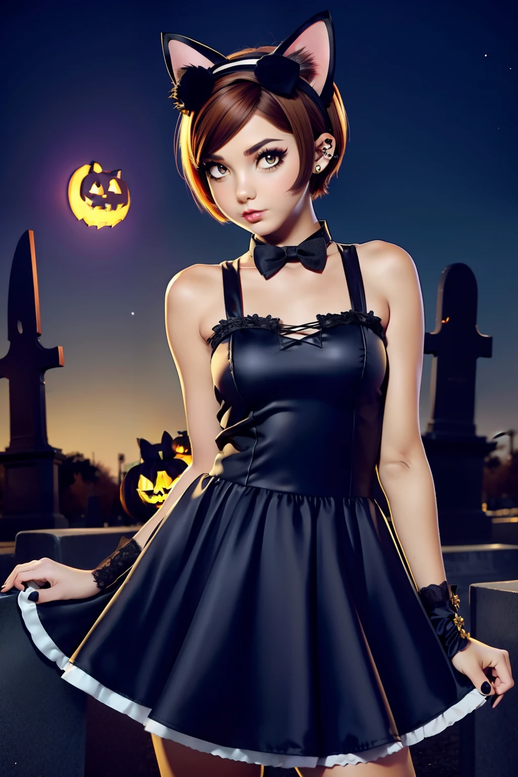 Girl in cat Halloween costume, with cat headband, gradient caramel short hair Emo Pin up Girl, cat tail, halloween dress, Striking a pose, natural make up, skinny girl, innocent, night in a grave