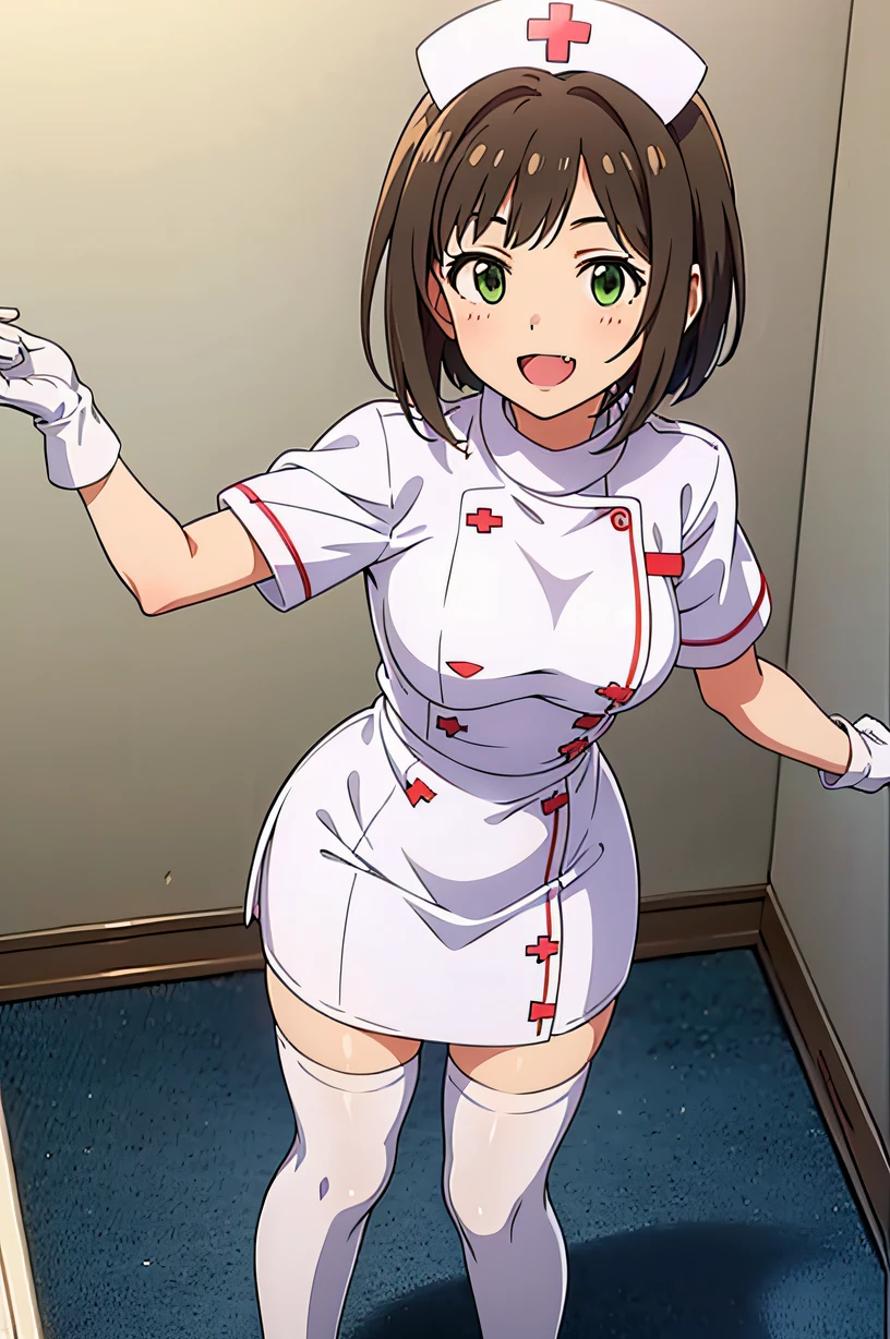 maemiku, short hair, fang, brown hair, green eyes, solo, nurse, ((white nurse cap, white nurse's outfit)), ((white legwear, zettai ryouiki)), white gloves, smile, open mouth, standing, hospital room, sharp outline, short sleeves, best quality, masterpiece