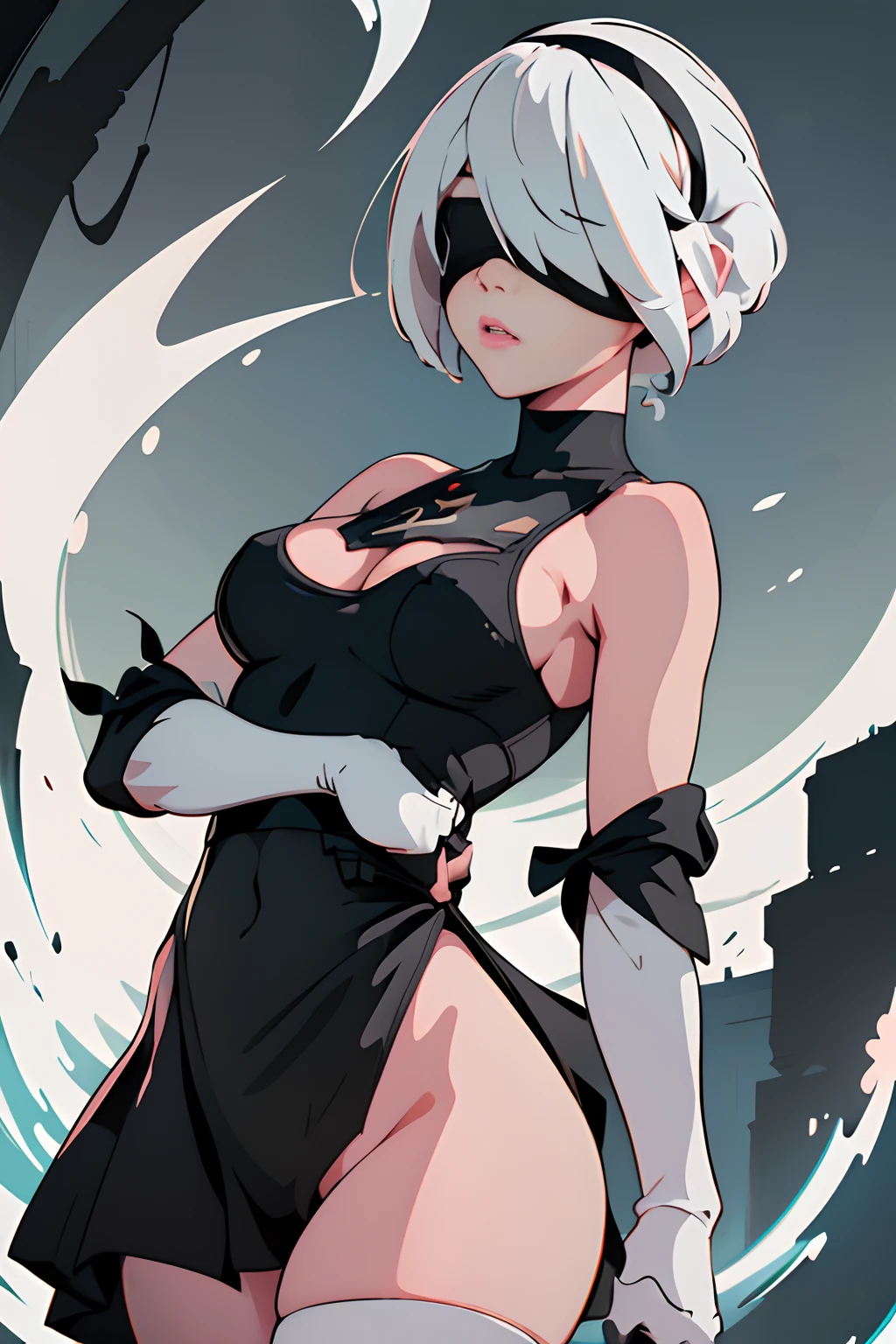 (masterpiece, best quality), 1girl, beautiful face, beautiful body, yorha no. 2 type b, black blindfold, black skirt, white leotard in pastelvectorai style