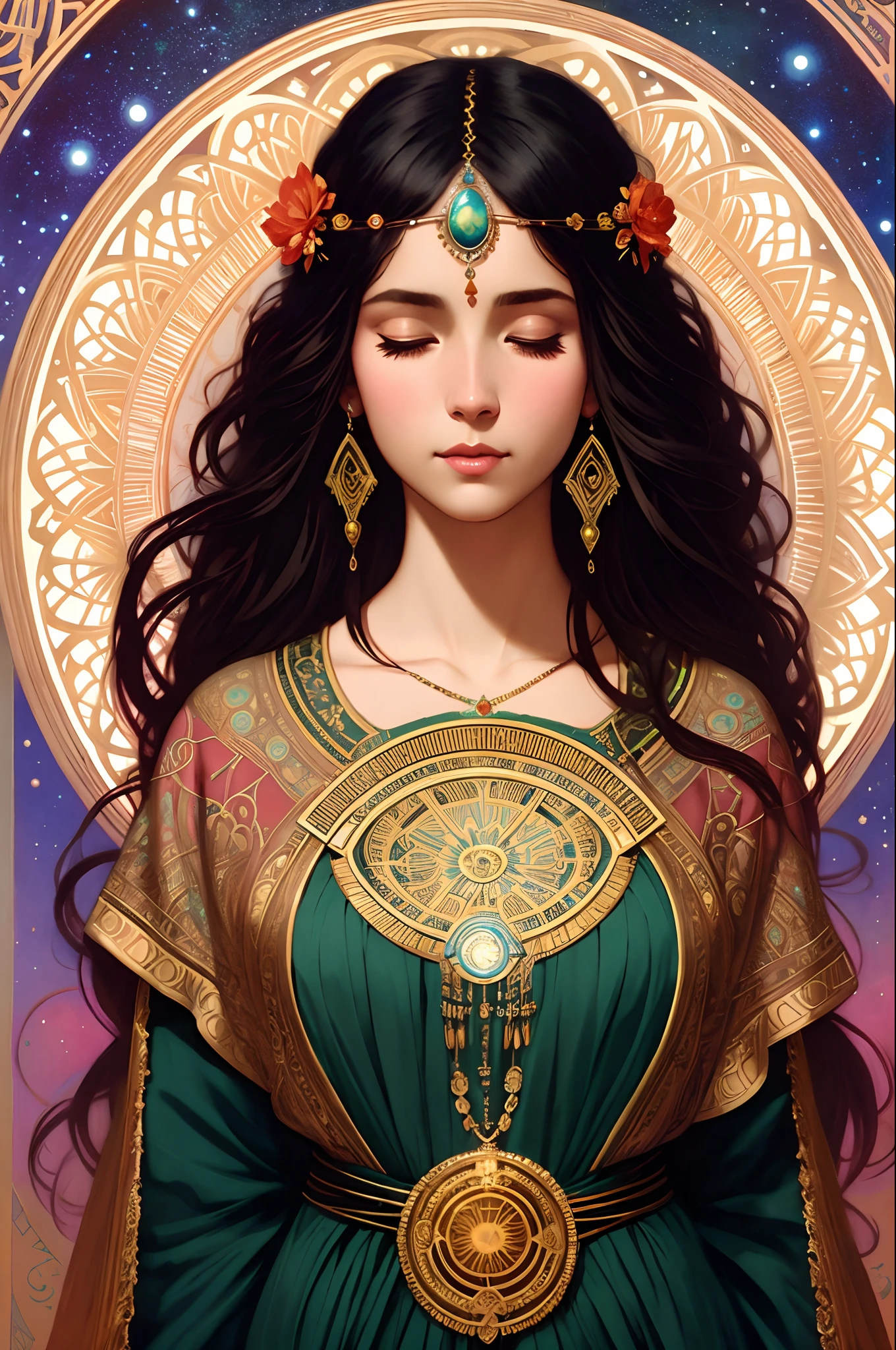 beautiful Hispanic, full body, looking at the viewer, symmetrical, eyes closed, slight smile, spiritual awakening, intricate details, cosmic, ethereal, mystical, complex environment, brush strokes, glowing lights, Greg Rutkowski, RHADS, Beeple, Makoto Shinkai, Lois van Baarle, Ilya Kuvshinov, Rossdrows, Tom Bagshaw, Alphonse Mucha, masterpiece, super high resolution, high quality,