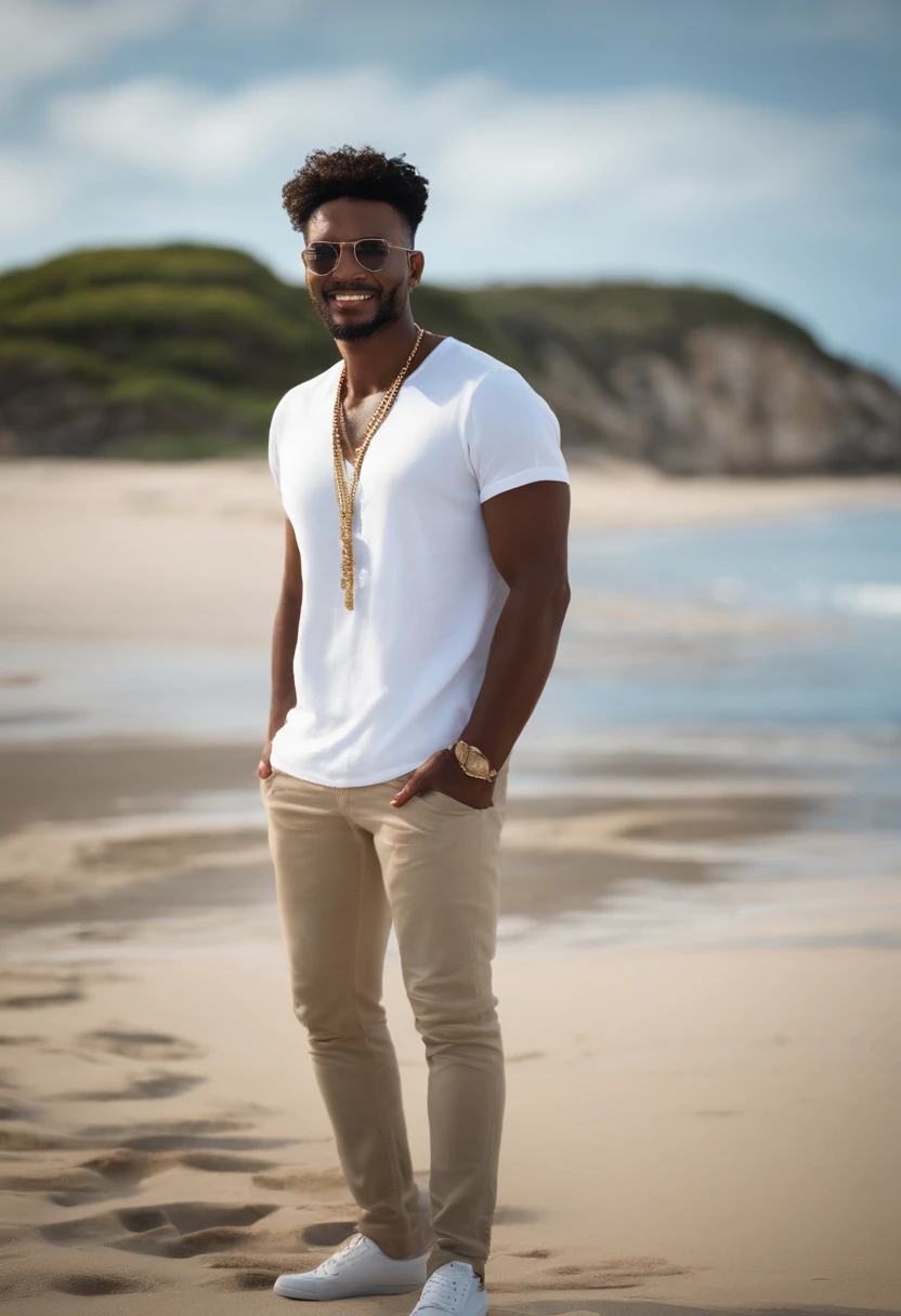 surrealistic、top-quality、 超A high resolution、Nikon Z 85mm、natural soft light、profetional lighting、realisitic、Super live-action、Photorealsitic、African American man with short black hair,、white t-shirts、denim、Cross Necklace、the beach、Along the coast、夏天、Okinawa、