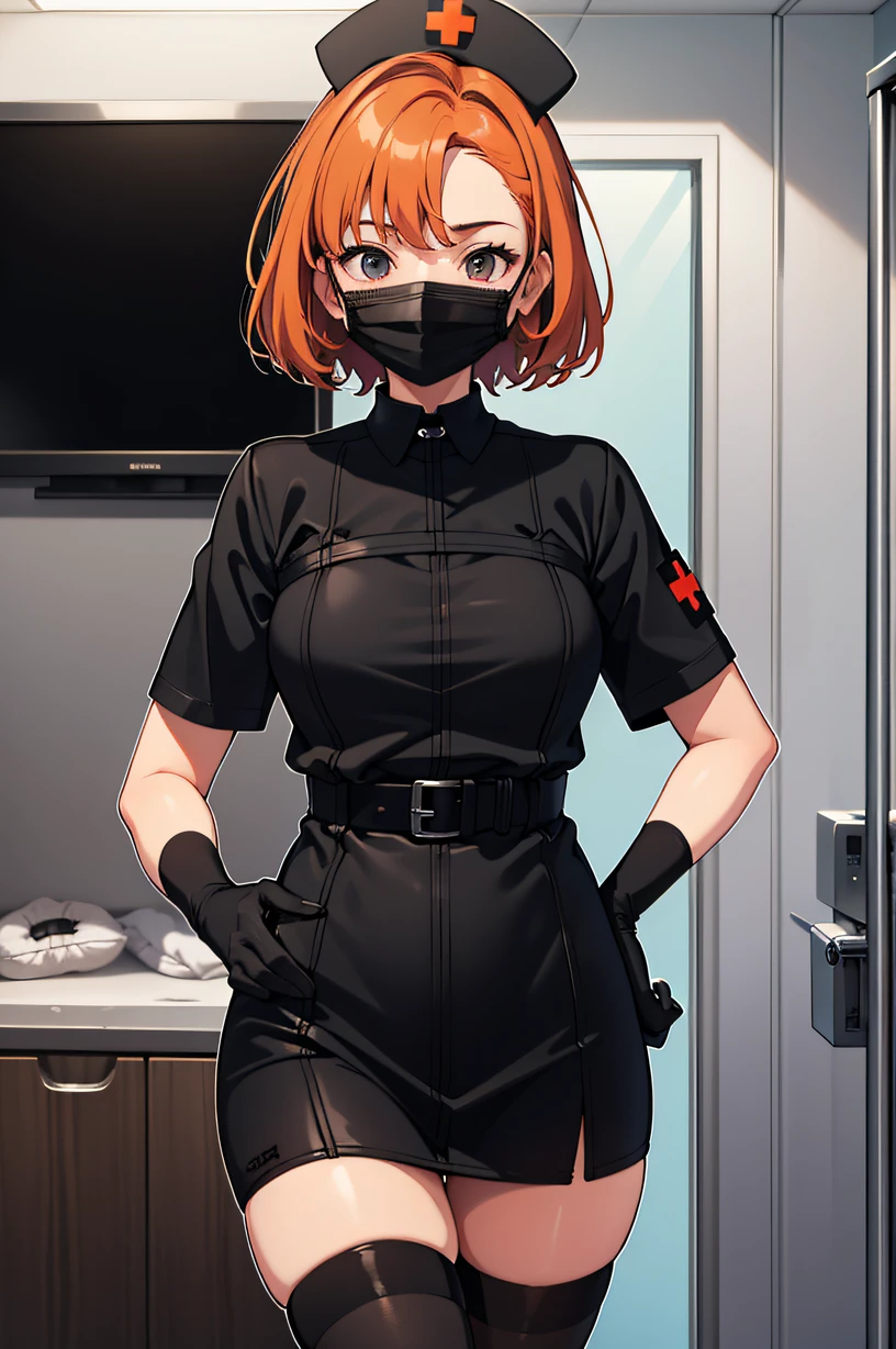 black nurse, 1girl, black nurse cap, black wear, ((black legwear, zettai ryouiki)), black elbow gloves, very short hair, orange hair, ((black surgical mask, covered nose)), standing, ((surgery room)), sharp outline, short sleeves, tomboy, boyish, best quality, masterpiece