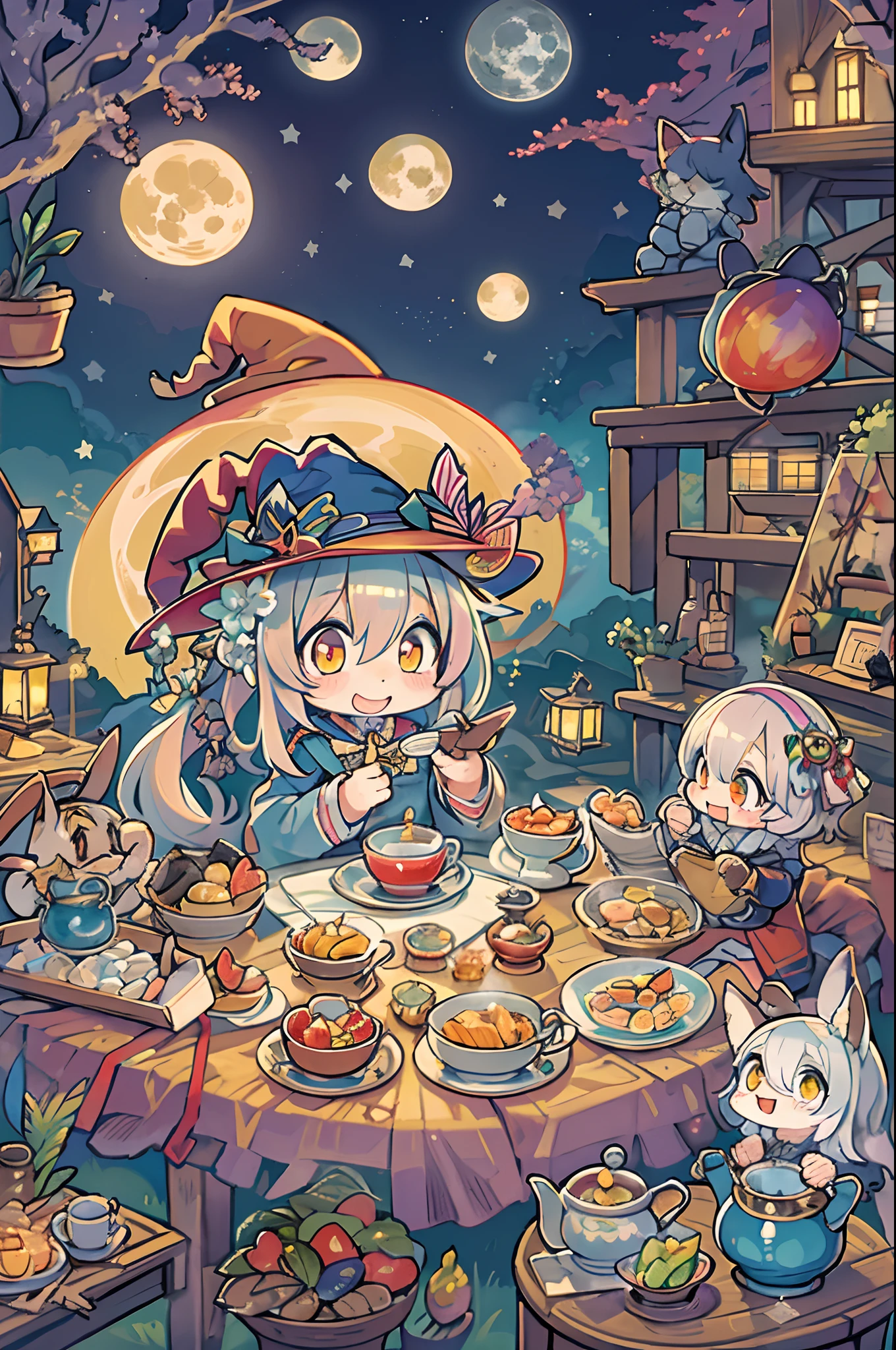 masutepiece, Best Quality, Chibi, Wizard Tea Party, the witch, beautiful witch, Happy, Vibrant, Colorful,(((Big Full Moon)))、Under the full moon