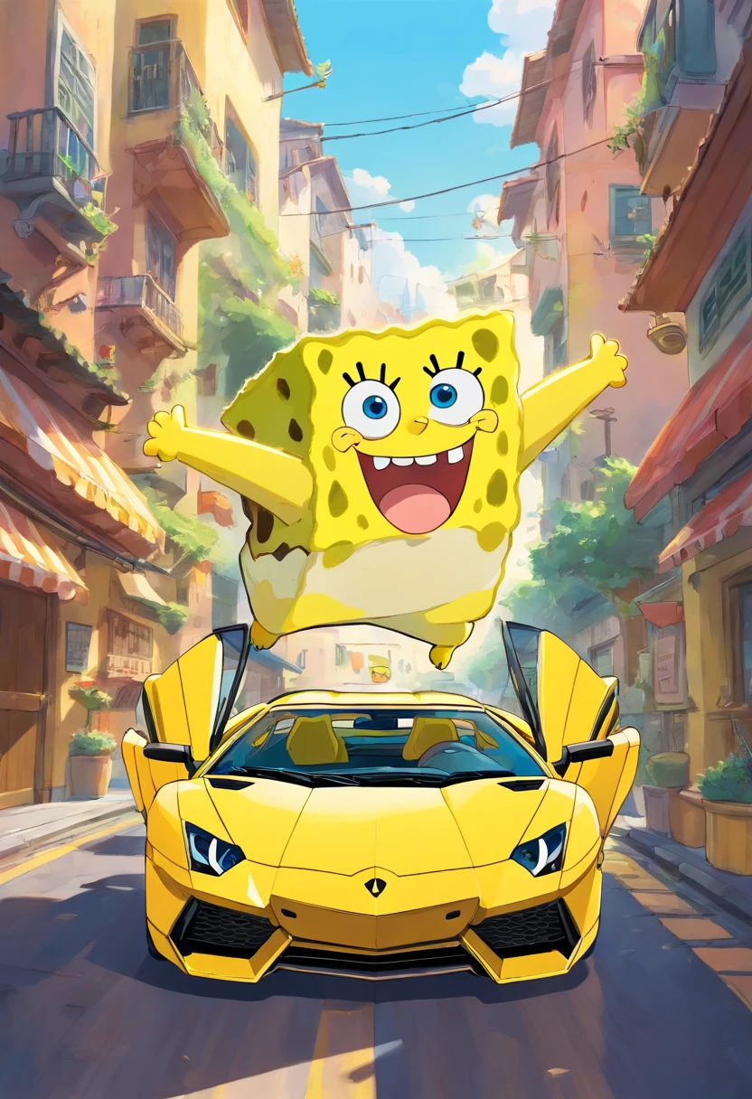 SpongeBob Squearepaints driving a yellow lamborghinni aventador