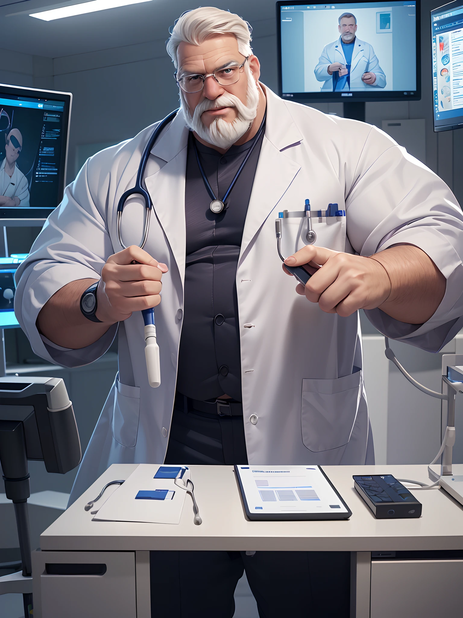 (best quality,4k,8k,highres,masterpiece:1.2),ultra-detailed,(realistic,photorealistic,photo-realistic:1.37),((massive muscular)) ((huge Muscular)) old man standing as doctor, super thick arms, super big pectoral, bulging veins, white beard and hair, wearing a stethoscope, examining a patient in a modern hospital, bright and clean environment, bright lighting, with surgical instruments nearby, wearing a white lab coat, calm and confident expression, professional and experienced, surrounded by medical staff, computers and monitors showing medical data and images, high-tech medical equipment, futuristic and advanced, portraying a scene of expertise and cutting-edge healthcare.