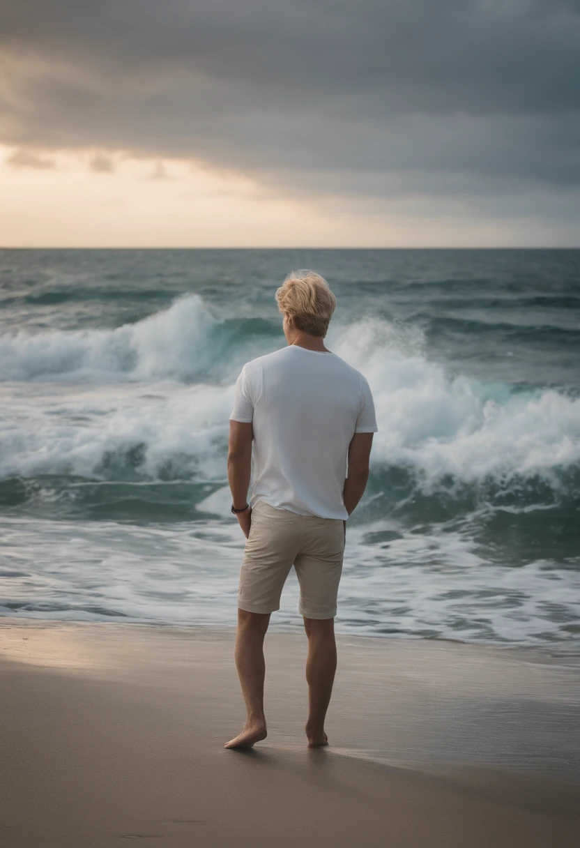 surrealistic、top-quality、 超A high resolution、Nikon Z 85mm、natural soft light、profetional lighting、realisitic、Super live-action、Photorealsitic、American man with short blonde hair,、white t-shirts、denim、the beach、Along the coast、夏天、Okinawa、