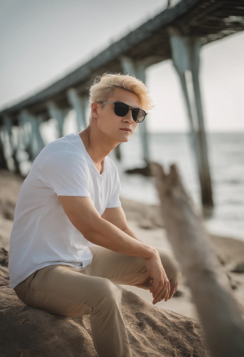surrealistic、top-quality、 超A high resolution、Nikon Z 85mm、natural soft light、profetional lighting、realisitic、Super live-action、Photorealsitic、American man with short blonde hair,、white t-shirts、denim、the beach、Along the coast、夏天、Okinawa、