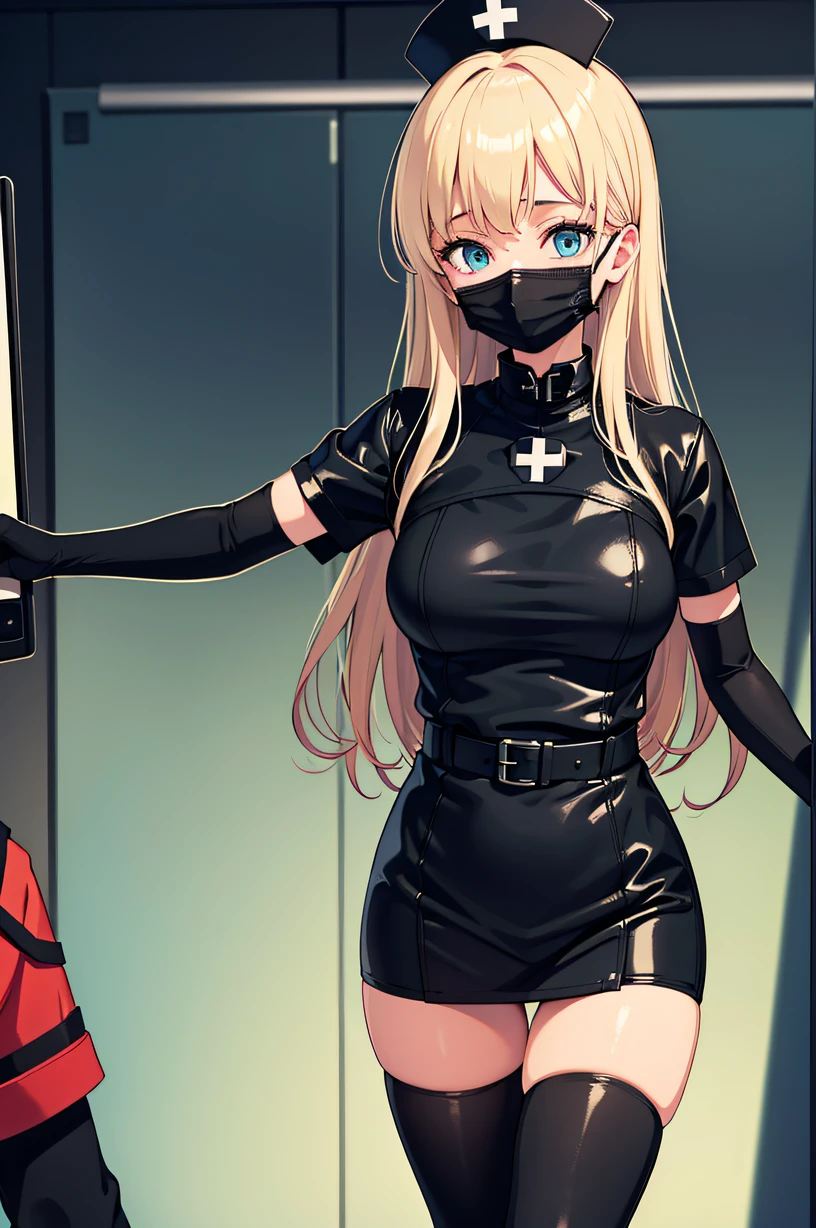 black nurse, 1girl, black nurse cap, black wear, ((black legwear, zettai ryouiki)), black elbow gloves, blonde hair, blue eyes, ((black surgical mask, covered nose)), standing, ((surgery room)), sharp outline, short sleeves, best quality, masterpiece