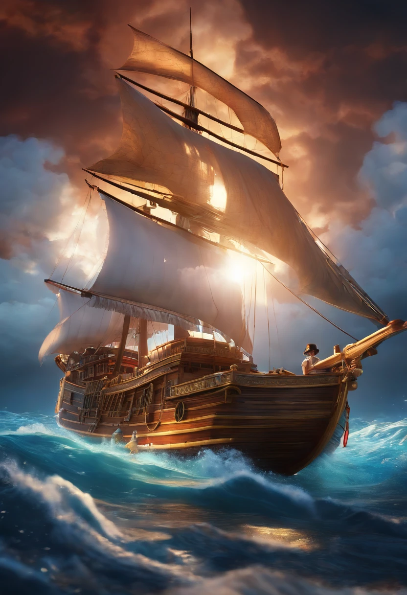 (8k, melhor qualidade, master part:)um rapaz, with a hat, em um barco, personagem de one piece, Luffy , Luffy de One Piece, hero pose, standing on her feet, dentro do navio Pirata, colorful ocean lighting, Jogo CG, Macaco D Luffy, Efeito de Luz, tomar, sol efeitos luz
