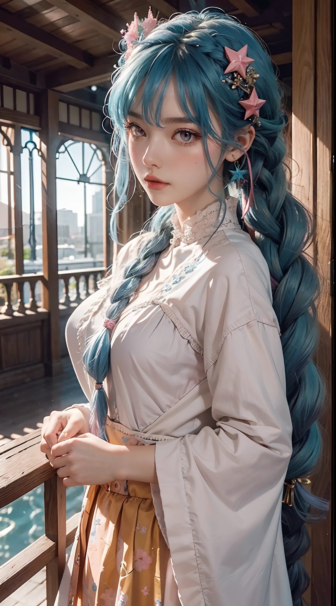 girl,blue hairs,There are balls on each side,A long braid underneath,There is a pink star hairpin on the head,Pink eyes,There is a bit of a yellow highlight in the eyes,Light orange clothes,high detal,high qulity,Good atmosphere,delicated,cg render,detail render,(Delicate facial portrayal)(Fine hair portrayal)(highest quality)(Master masterpieces)(High degree of completion)(a sense of atmosphere)