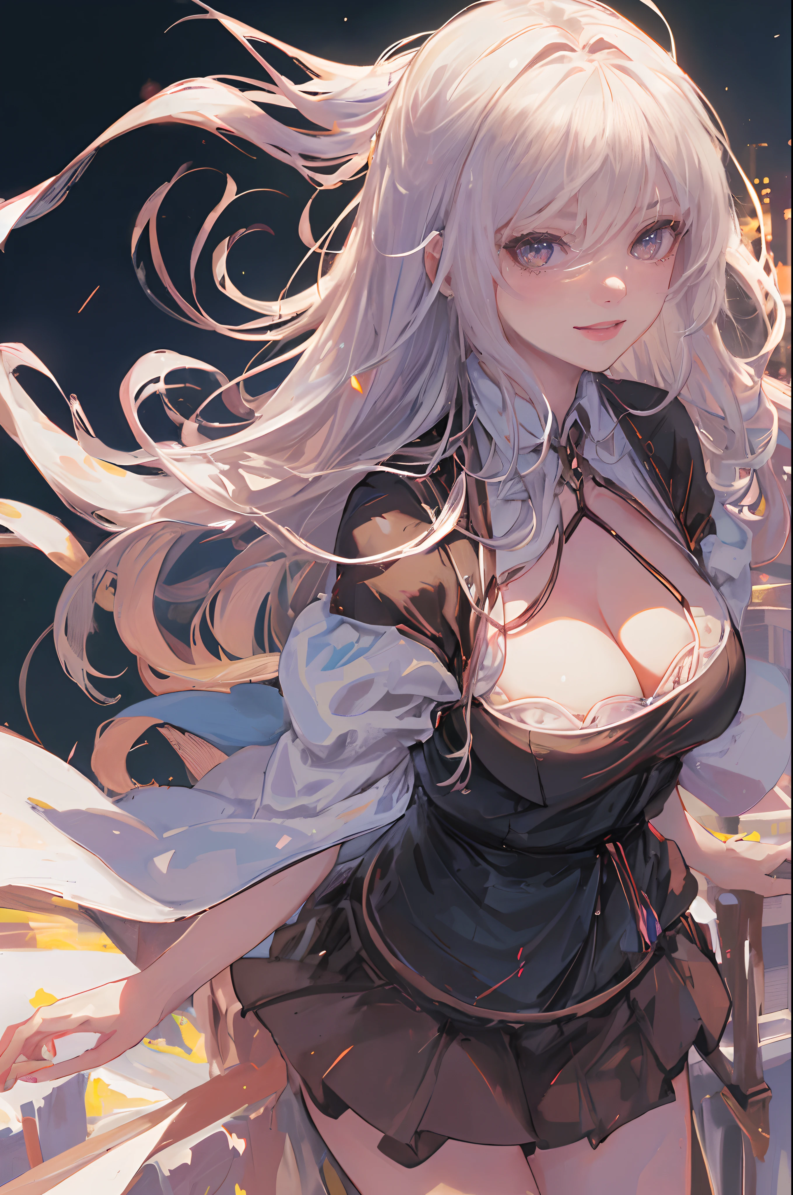 ((A beautiful and cute woman is standing on the terrace)), ((22-year-old beauty)), ((charming smile)), ((her long hair is blowing in the wind)), ((her miniskirt is It's waving in the wind)), (( You can see the cleavage of her plump bust from the blouse)), ((Gradient eyes)), ((The background is a night view of the city)), Attractive makeup, Single view, NFFSW , UHD, Retina, Masterpiece, Accurate, Anatomical, Scientifically Correct, Textured Skin, Super Detail, High Detail, High Quality, Award Winning, Top Quality, High Resolution, 1080P, HD, 4K, 8k, 16k