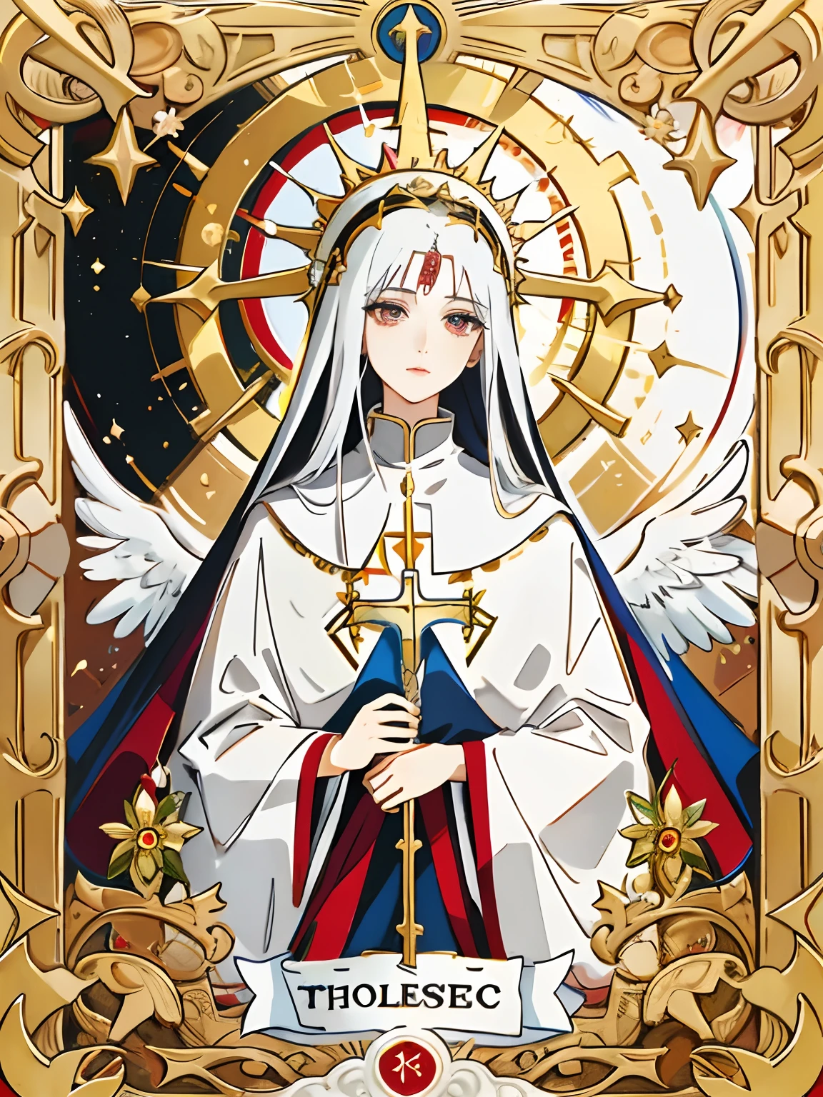 1girl as Holiness Santa Veronica, detailed eyes, detailed face, Catholic church backgrounds, holy atmosphere, holy ceremony, angelic halo, holy magic Spanish flowers, crimson crown , best quality, masterpiece, trending on Art station,illustrated as tarot card