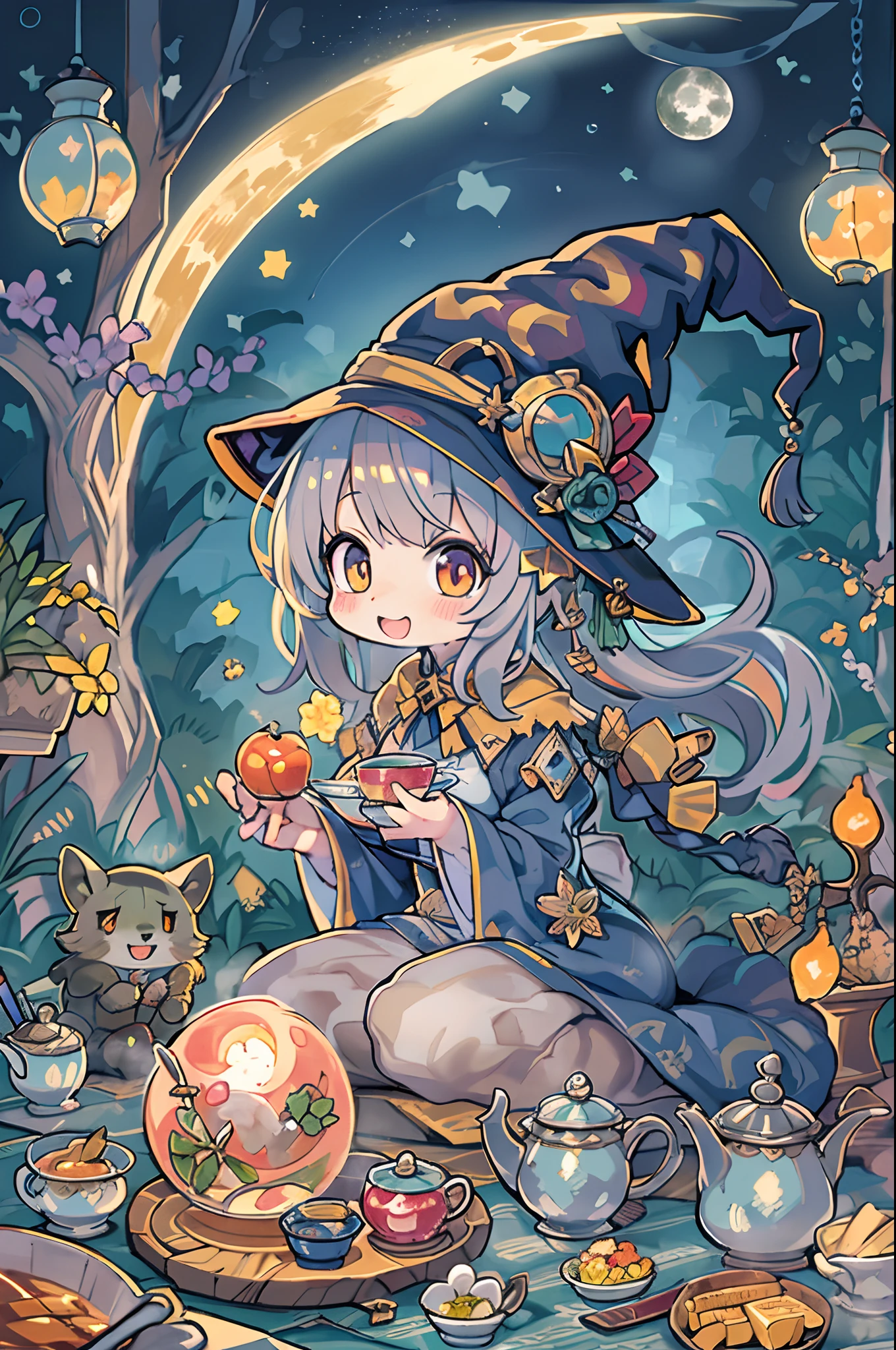 masutepiece, Best Quality, Chibi, Wizard Tea Party, the witch, beautiful witch, Happy, Vibrant, Colorful,(((Big Full Moon)))、Under the full moon