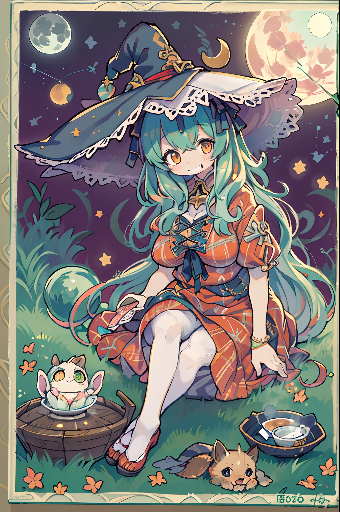 masutepiece, Best Quality, Chibi, Wizard Tea Party, the witch, beautiful witch, Happy, Vibrant, Colorful,(((Big Full Moon)))、Under the full moon
