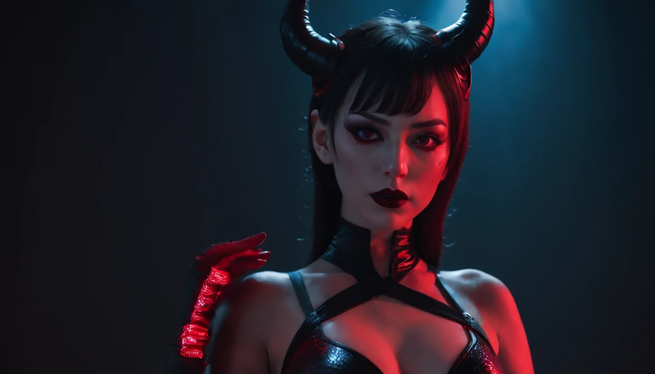 (8k, best quality, masterpiece:1.2), (realistic, photo-realistic:1.37), demon woman with horns dressed in latex leotard posing for a photo, sensual pose, upper body, beautiful face, perfect face, perfect tits, perfect boobs, red neon lights, darsynth vibes, darksynth aesthetic, goth aesthetics, high waisted thong leotard, leotard lingerie, latex lingerie, fetish lingerie, dark and intricate, gothic and futuristic, perfect body, red lights, gothic - cyberpunk, ultra-detailed,best quality, ultra high res, professional lighting,beautiful detailed eyes.