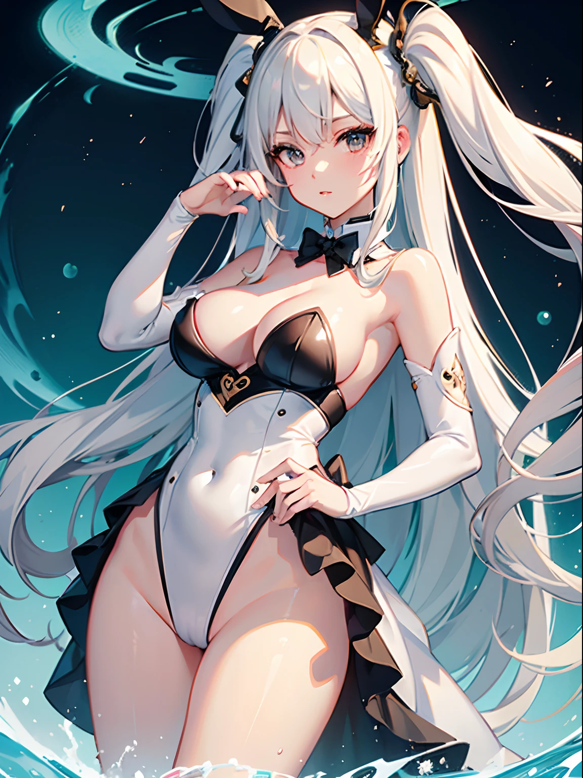 ((Best Quality)), (ultra-detailliert), ((Extremely detailed)), (Beautiful), ((Kawaii Girl)),(two side up hair)、((masutepiece)),Platinum Blonde Hair,Long hair, hair between eye, Wavy Hair, Long sideburns,Jade-colored eyes, White skin,Colossal 、Rabbit ears,Slender body,playny,Standing,Look Camera,One Woman,Anime