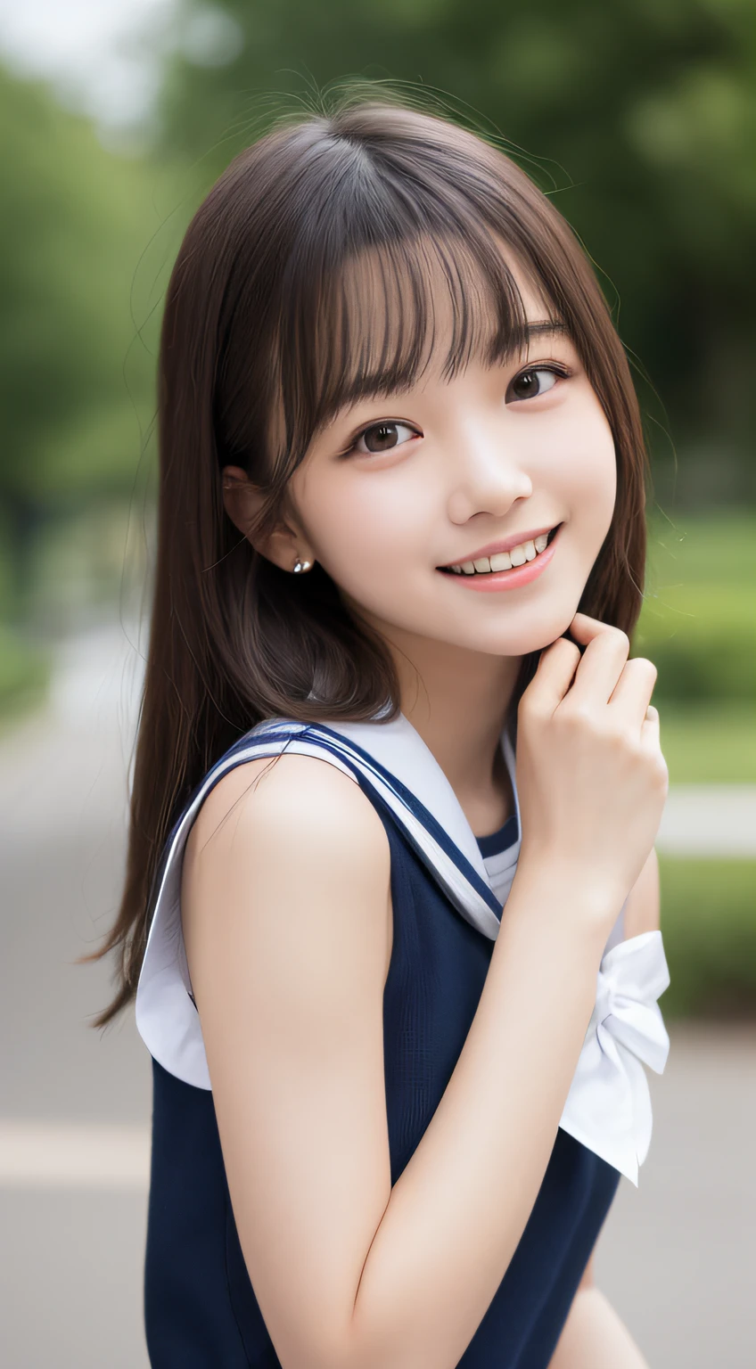 ((school uniform)),ribbon at neck,(school uniform and ((navy skirt)) and white shirt:1.1), Skin color, big , smile, (8k, RAW Photos, Highest quality, masterpiece:1.2), masterpiece, super detailed, super high quality, (Realistic and Realistic photography:1. 37), High-resolution RAW color photos, Very delicate and beautiful, highly detailed, 8k壁紙, wonderful, detailed, Very eye, very detailed, very detailed skin, very thin fingers, very detailed nose, very detailed mouth, Perfect Anatomy, Upper Body, studio, Soft lighting, A full-body shot of a cute idol wearing a one-piece swimsuit, Playful pose, Hands on hips, smile, Pastel Background, Realistic, Attention to detail, studio photography