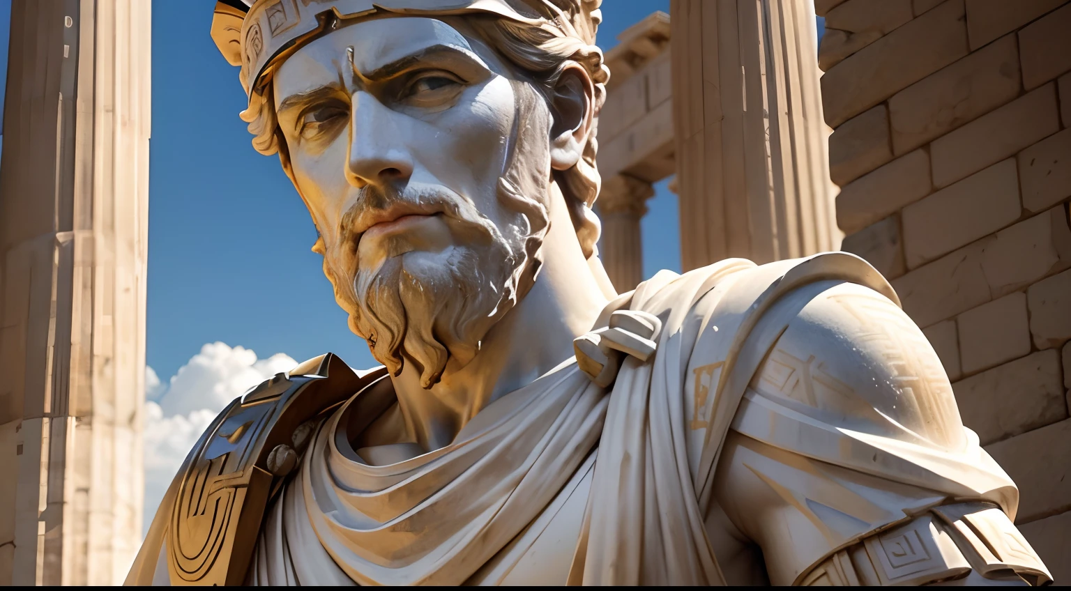 Greek statue of the Roman emperor, Marcus Aurelius, stoic, Realistic, sobre uma campanha militar