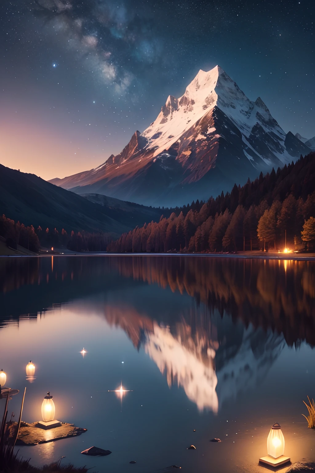 Very Starry Night. A huge moon behind the mountain. A tranquil lake reflects the night. The sunset is accompanied by flying cranes. Realistic scenes, detail, photorealism, 8k