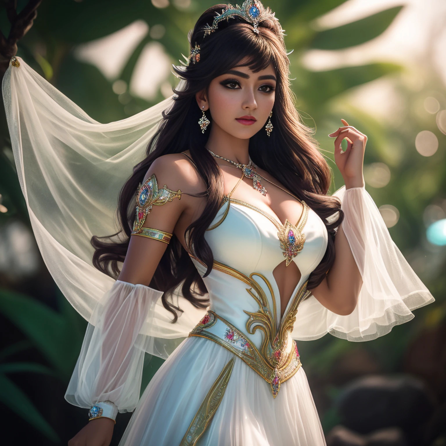full body view busty indian girl 18 years old , cute face, very long hair,  detailed eyes, small curved bust, baby doll costume, (white costume:1.4), (retro filters:1.4), (fantasy:1.4), (candy world Disney land:1.5), ethereal soft fluffy soft landscape background, hyper realistic Ultra quality cinematic lighting, immense detail, Full hd, perfect body, 