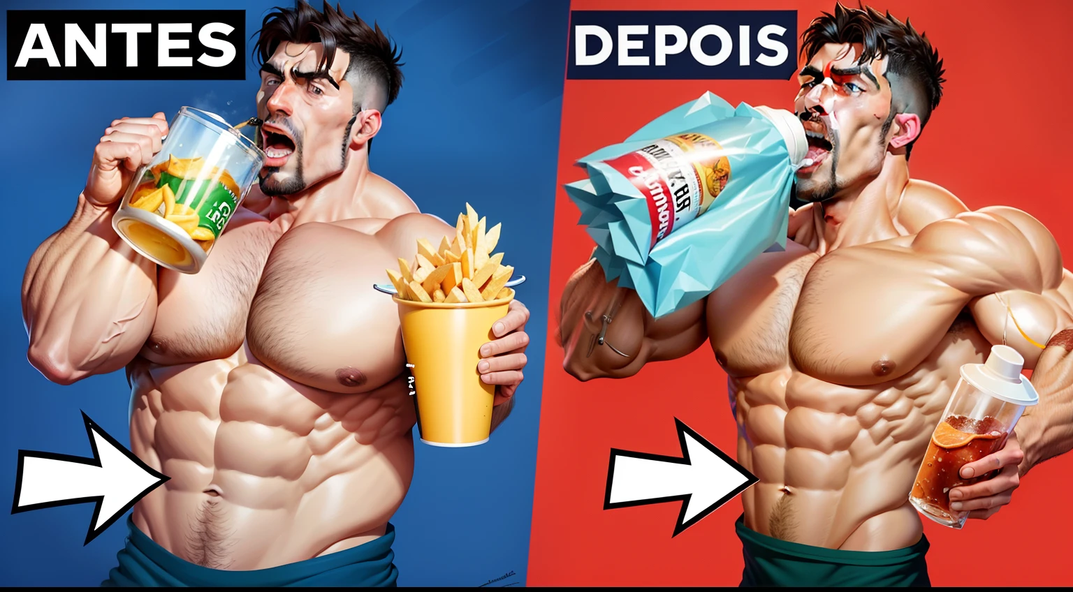a couple of pictures of a man drinking water and eating chips, steroids, Pacote de 6 unidades, uso de esteroides, exaggerated muscle physique, big wide broad strong physique |, Ganhos, [ ABS rigidamente definido ]!!, imagem de comida super realista, digital illustration -, musculine, Defined muscles, tipo de corpo muscular, [ adamantly defined abs ]!!