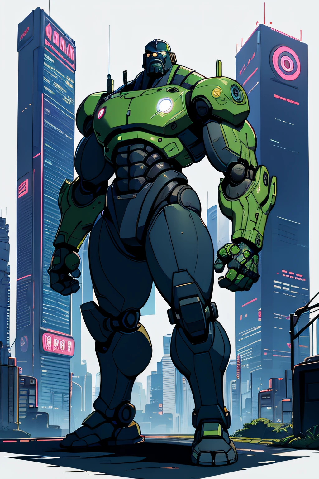 homem gigante, big arms, Arms and legs separated from the trunk, robotico, segurando um machado, cidade cyberpunk, bare-legged