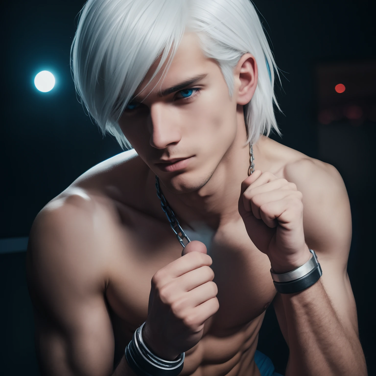  male posing, (skinny body), atmospheric, cute masculine square face, white hair, dead inside, chainlet, bottomless, bokeh, background blur, chromatic aberration, blowjob, big dick