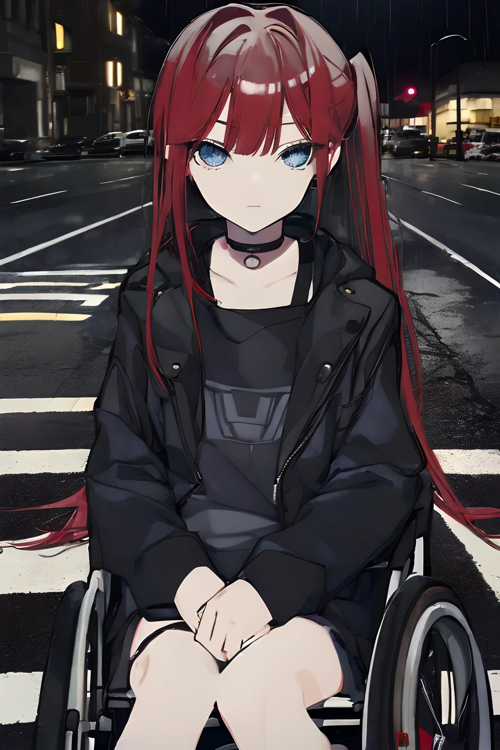 (1girl), young girl, masterpiece, high quality, red hair, bangs, ((blue eyes)), (ponytail), (long hair), (straight hair), (in the crosswalk), ((sitting in a wheelchair)), (in the night), (dark), ((raining)), wearing a black rain coat, ((detail face)), (very detail face)), (expressionless mouth)