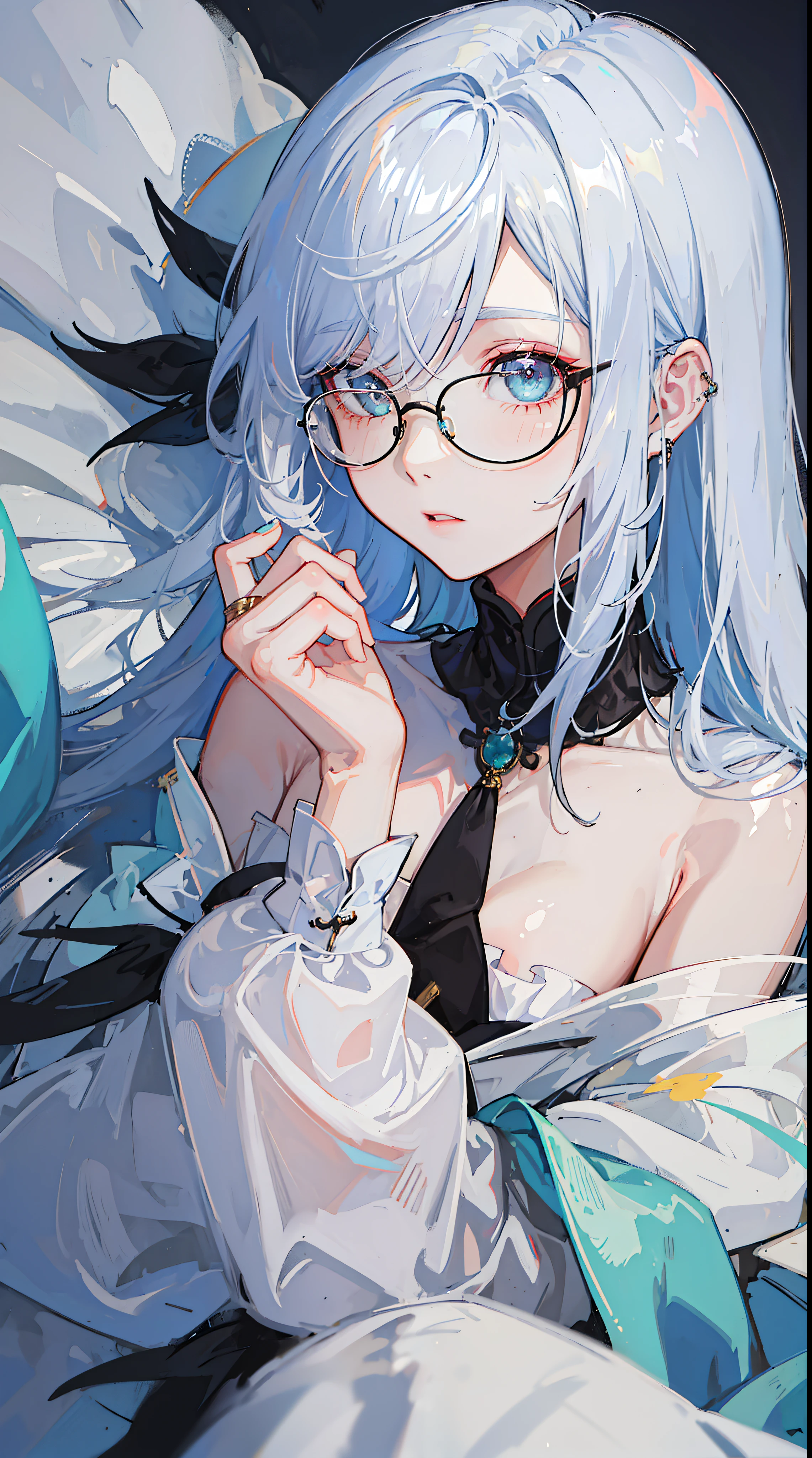 ((masutepiece, of the highest quality, Watercolor art (Pendants), Beautiful and aesthetic: 1.2)), (Golden ratio: 1.2), (Full body: 1.2), (Super Detail: 1.3), (1 girl: 1.3), (Fractal Art: 1.3), Full body, (Glitter Pupil)), patterns, (Iridescent hair, Colorful hair, Half Light Blue、Half Purple Hair: 1.2)), Colorful, Writing, (Heterochromia), (Colorful: 1.5), (((Shy face)), ((Micro Bikini)), (full body Esbian), (Hyper-detailing), ((delicate detail)), (intricate-detail), ((Cinematic Light, Highest quality backlight)), High contrast, ((The best lighting, Very delicate and beautiful)), (( Cinematic Light)), (ray trace reflection, Glow), (((glowing aura)), ((Glowing hair)), ((Super Detail)), (8K)), ((a closeup)), ((Brown skin)), (Showering), ((Seductive smile)) ,((high angle full body shot)),(NSFW:1.5),completely,((Demon Girl, demonic horns, demon tail, Devil's Wings, pube_The tattoo, Heart-shaped pupil))、((On the bet))、(black feathers on the back,,,,)、eyeshadows、teak, on the beds、m-legs,(Purple aura)、(eye glasses)