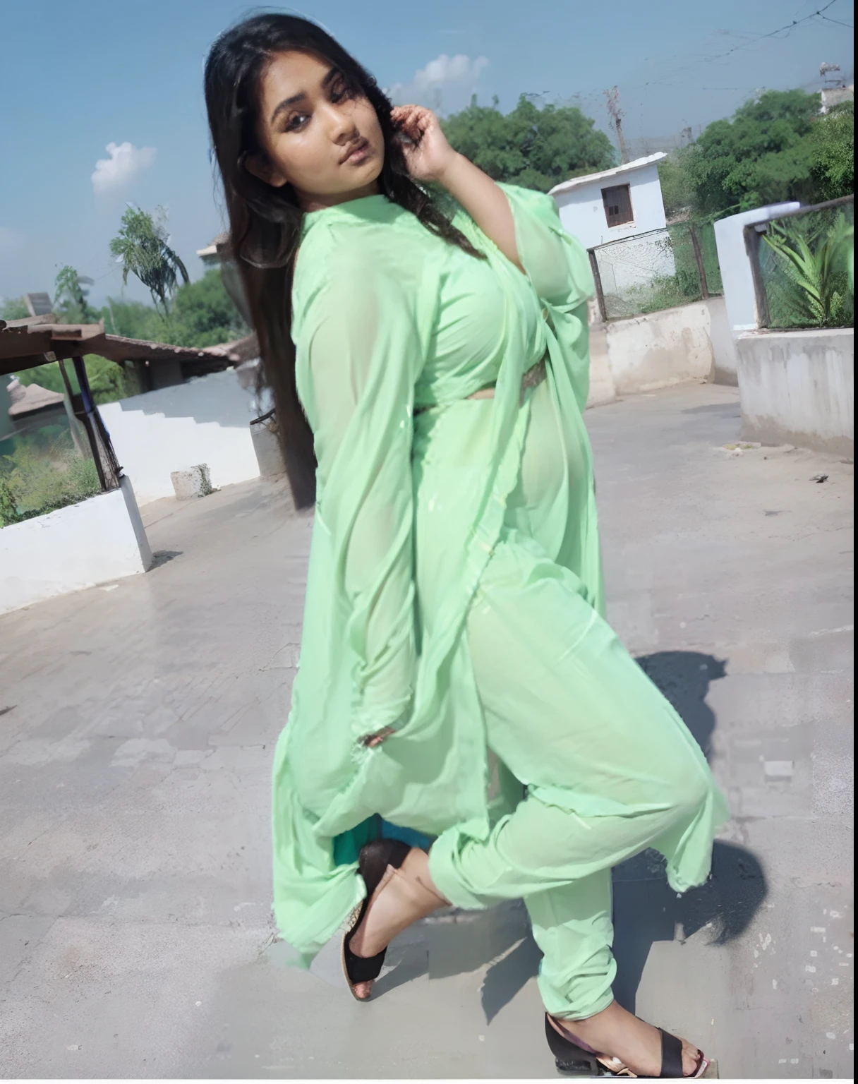 ((Basic Resolution)),((clicked from mobile phone camera
)), (( 8 mega pixel camera)),full body picture ,Indian girl , thick figure,Chubby cheeks,skinny waist and thick hips, wearing indian saree
, inexpensive clothes,perfect face, fair skin, seductive, standing inside room, cheap background , Jaipur city, Rajasthan,